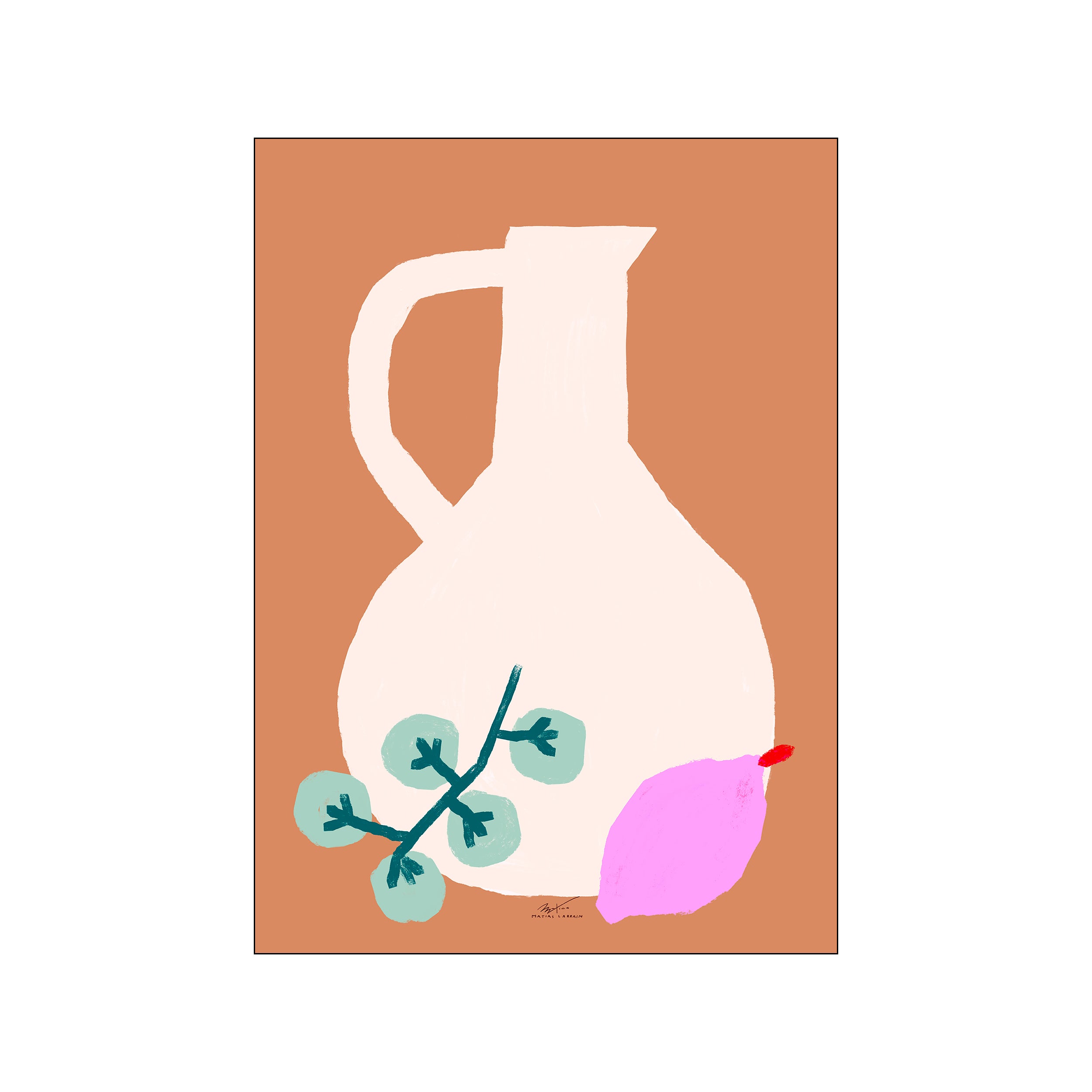 A minimalist illustration featuring a creamy white pitcher against a terracotta background, adorned with abstract teal leaves and a fuchsia fruit, conveying a sense of serene, bohemian artistry.