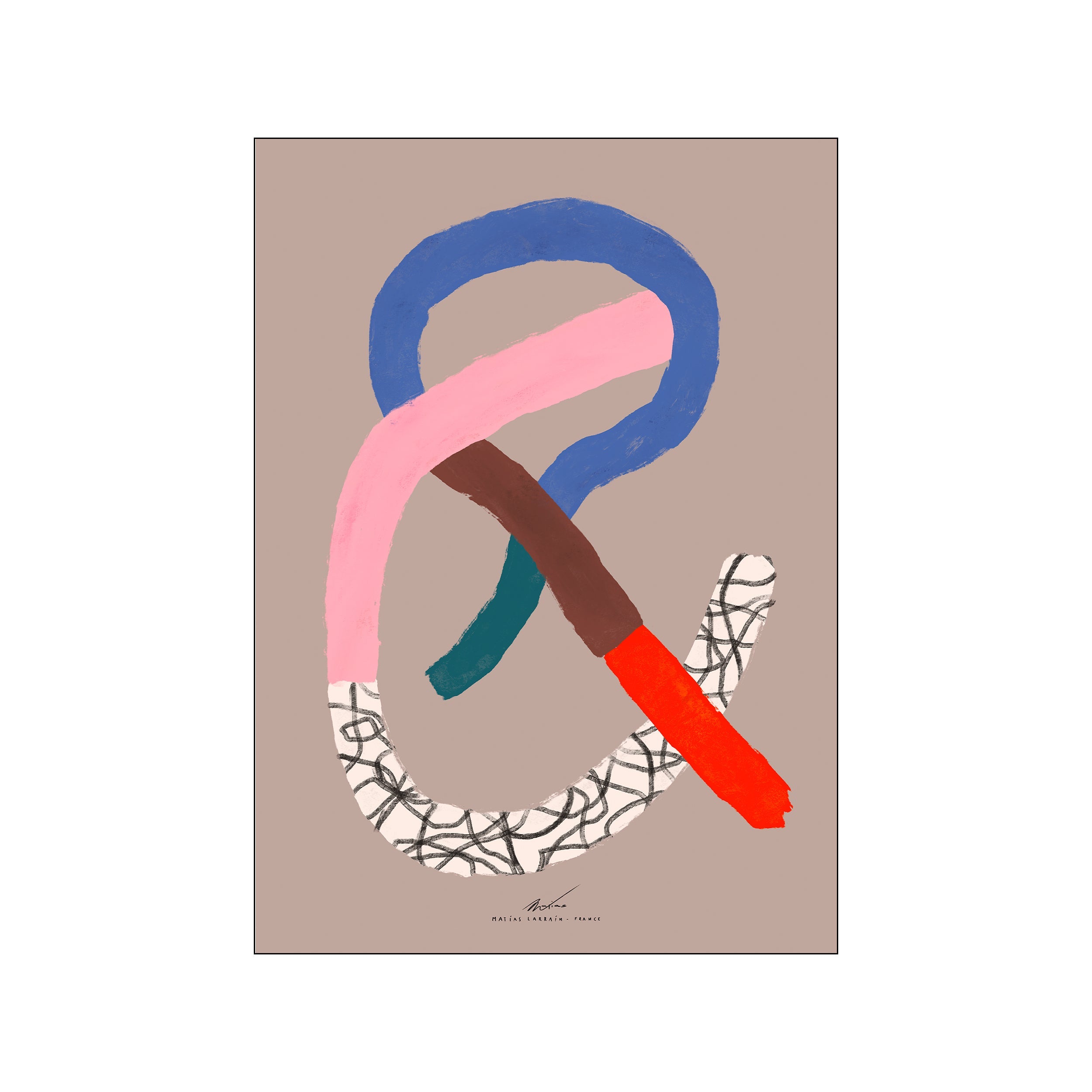 An abstract composition featuring intertwined, brushstroke-like shapes in blue, pink, brown, and red against a muted taupe background. A section includes delicate black linework.