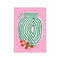A whimsical illustration of a striped green and white vase paired with a sprig of bright red currants, set against a vibrant pink background.