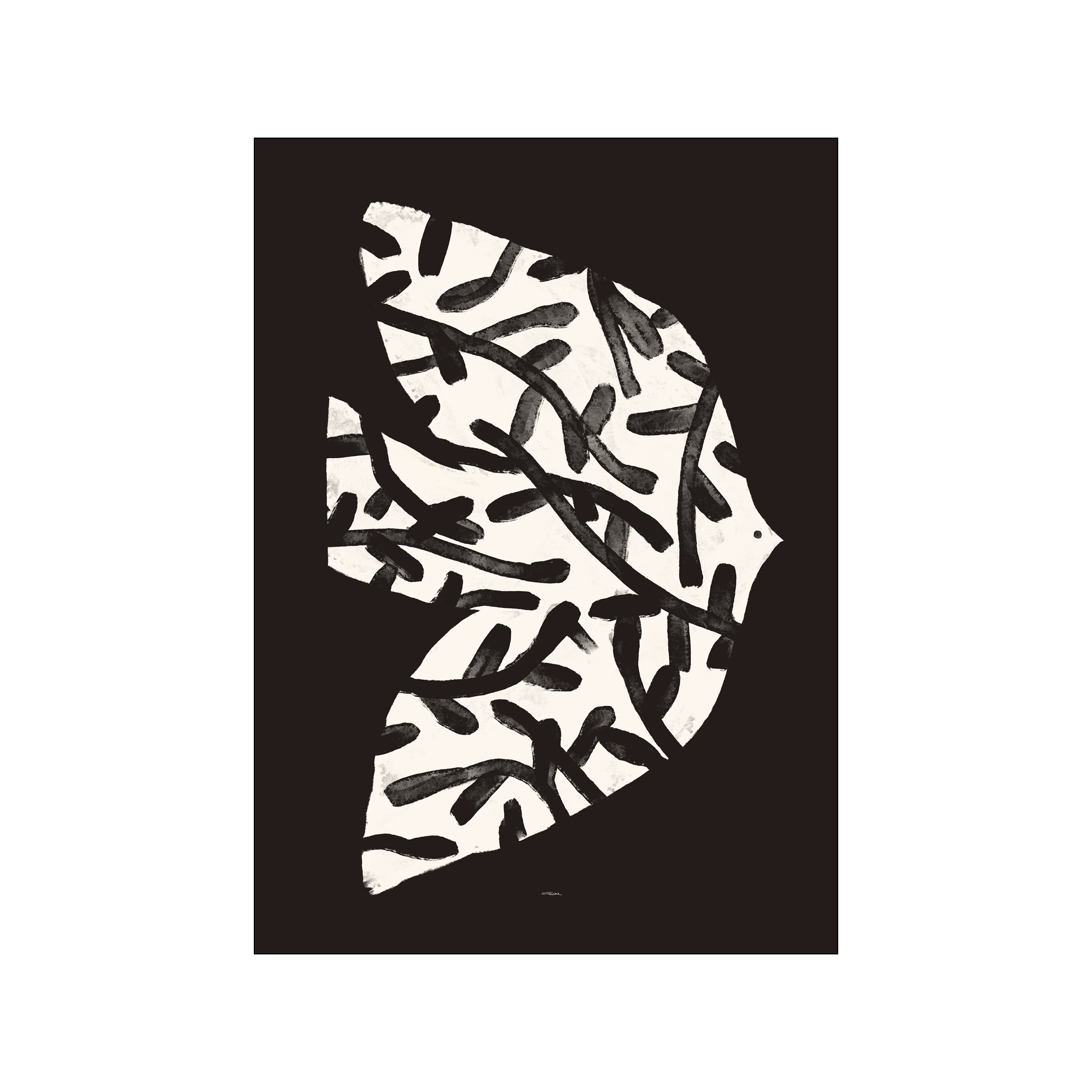 Abstract artwork with bold black brushstrokes on a cream background, suggestive of a bird's form, creating a modern and elegant visual statement.