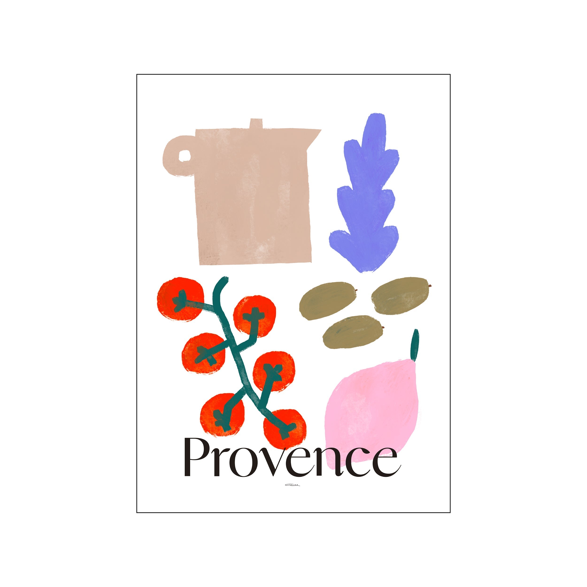Abstract illustration of Provence with playful shapes of tomatoes, a pink fruit, and taupe pitcher in warm tones against a white background.