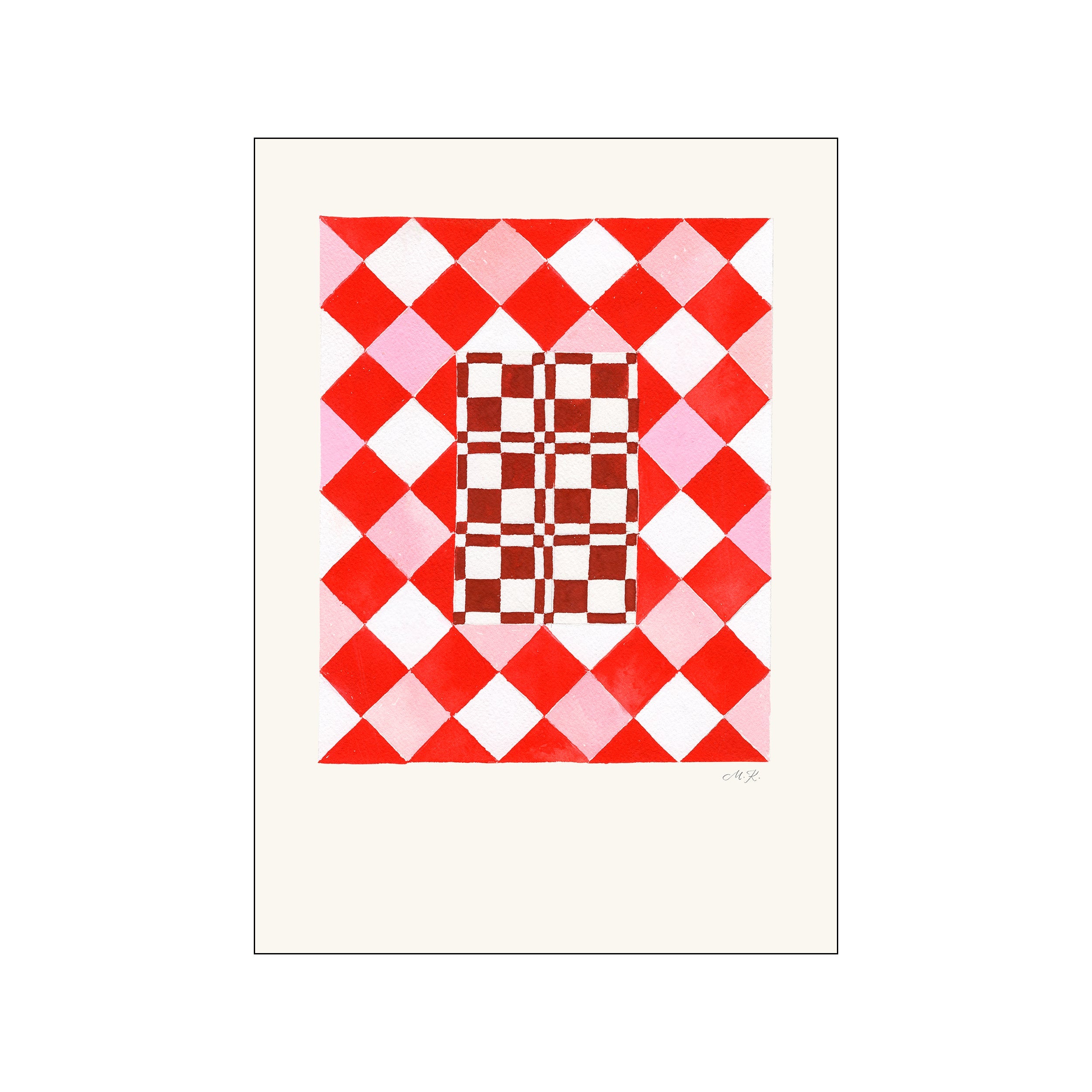 Abstract geometric artwork with interlocking diamonds in shades of red and pink, centered with a rich brown and white checkerboard pattern. Evokes a playful, graphic, and sophisticated vibe.
