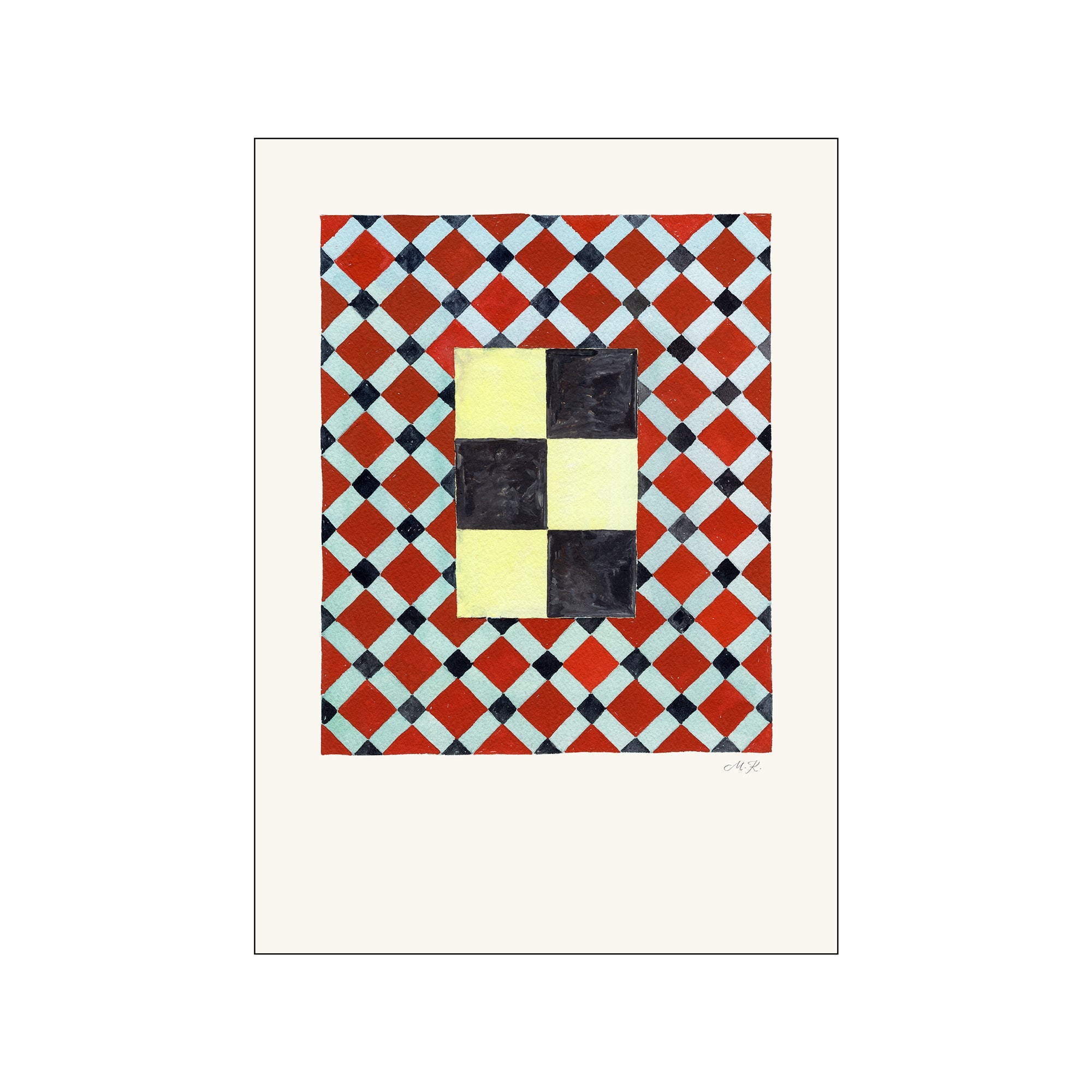 Abstract artwork featuring a repeating diamond pattern in red and light blue, with a central vertical band of alternating yellow and black squares.