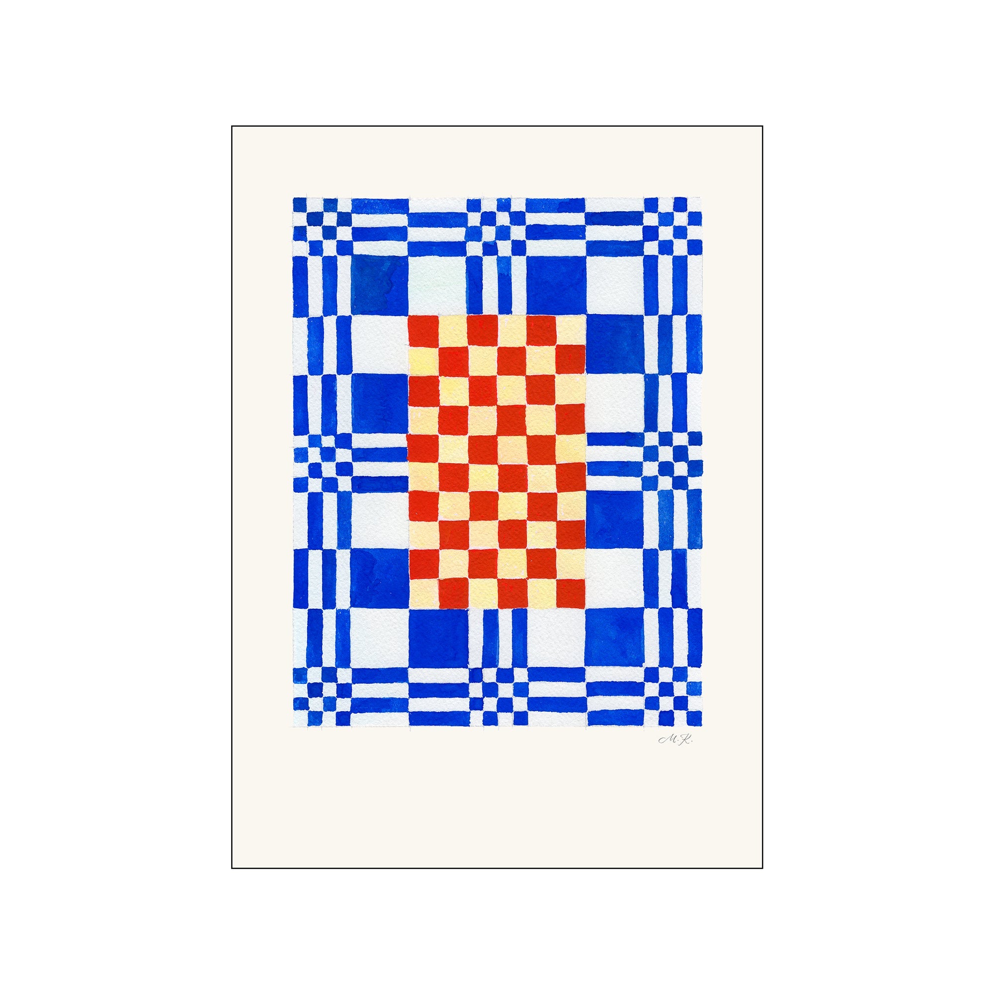 A graphic artwork featuring a central red and cream checkerboard pattern surrounded by a border of alternating blue and white squares, evoking a sense of playful order and serene luxury.
