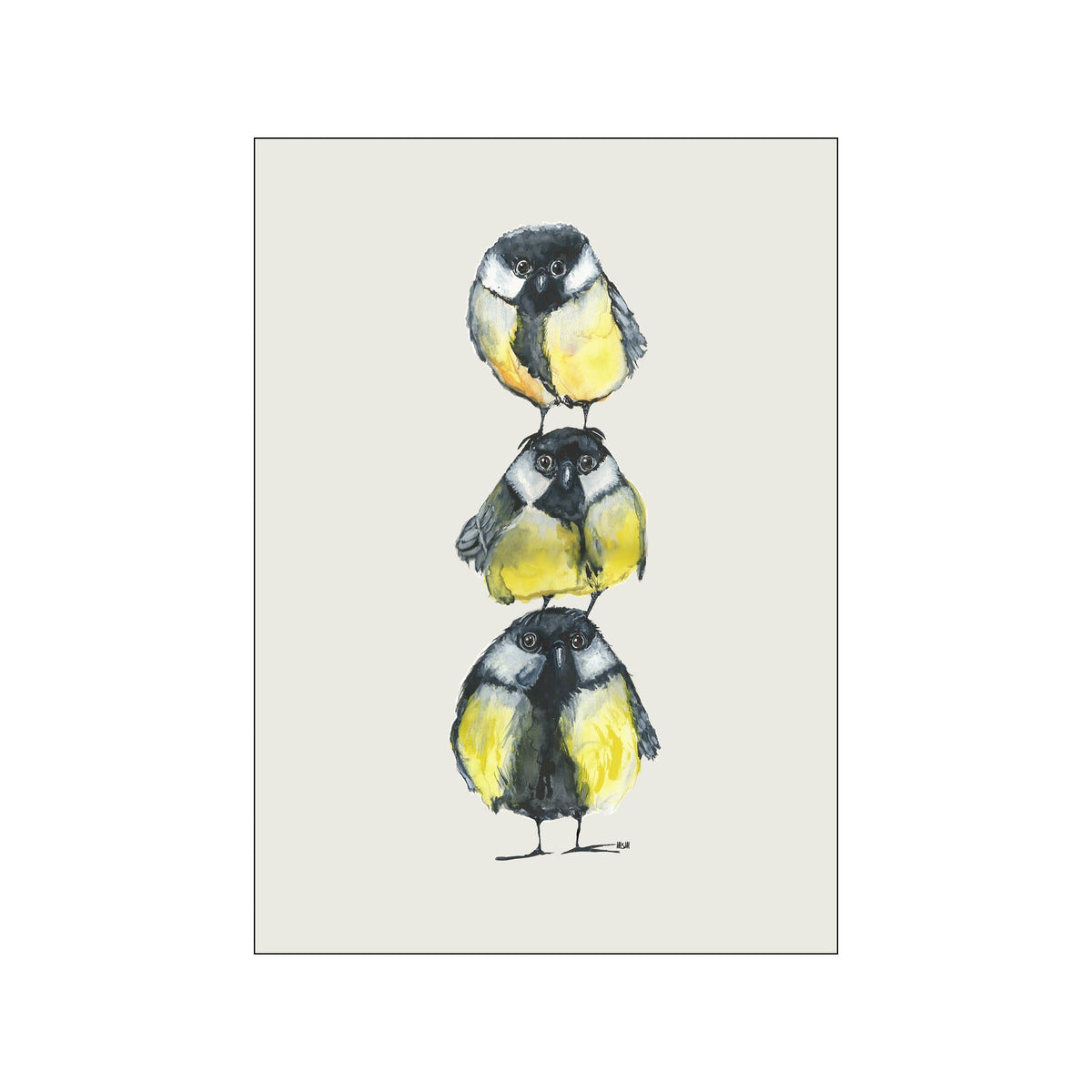 Three watercolor birds stacked vertically on a pale background with yellow and charcoal plumage