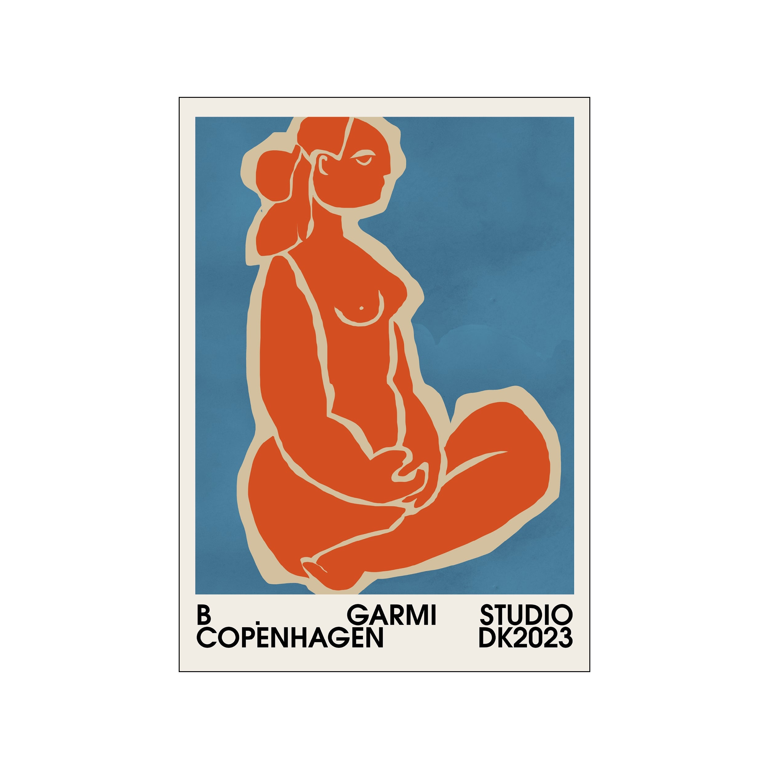 An abstract, stylized silhouette of a seated figure in a warm, terracotta-like hue is set against a textured, muted blue background, evoking a sense of calm introspection.