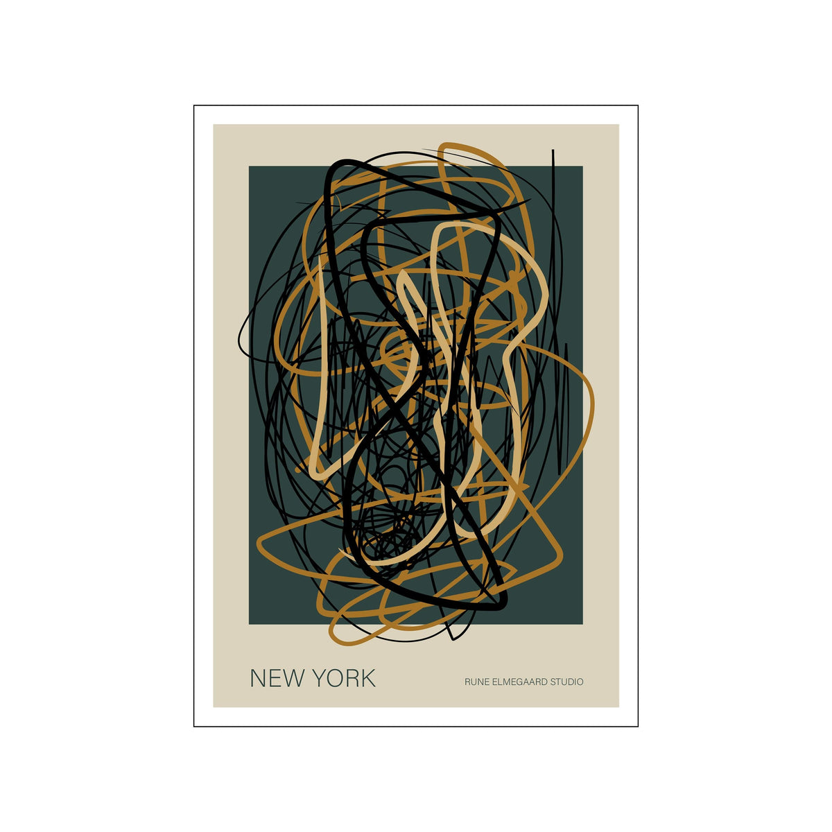 Abstract poster with looping black and ochre lines on deep green, titled New York