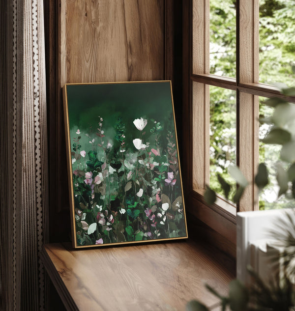 Natural pecan framed abstract painting depicting a lush field of white and pink wildflowers with green foliage against a deep forest green, painterly background, leaning on a warm wooden window sill