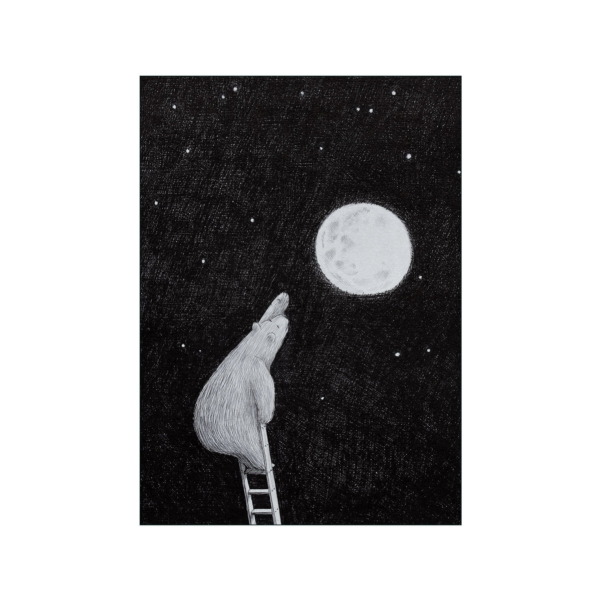 Black and white bear standing on a ladder and reaching toward a bright moon in a starry sky