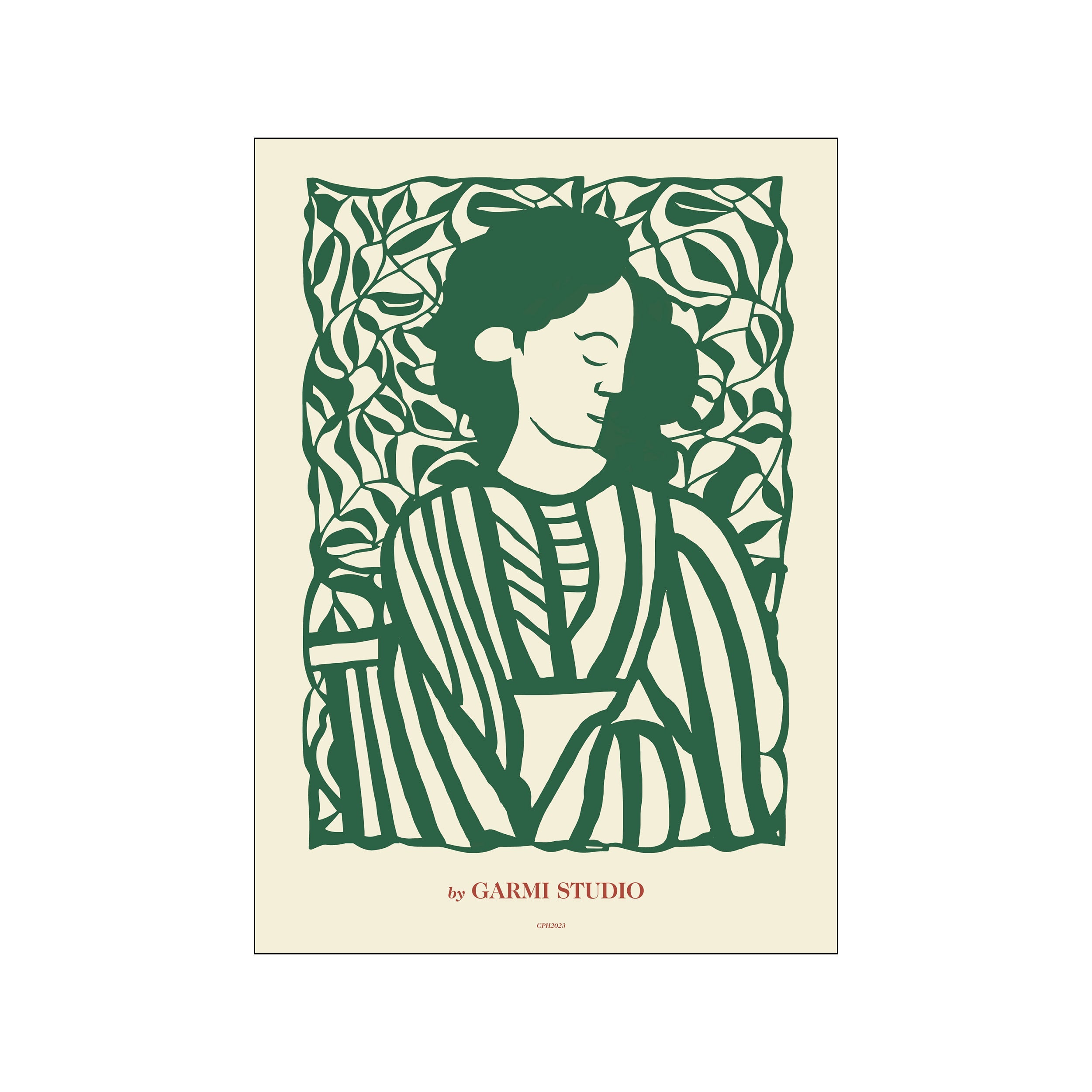 A woman's profile portrait in deep green, set against a creamy background with stylized green leaves. The artwork has a handcrafted, papercut feel, suggesting a serene and natural vibe.