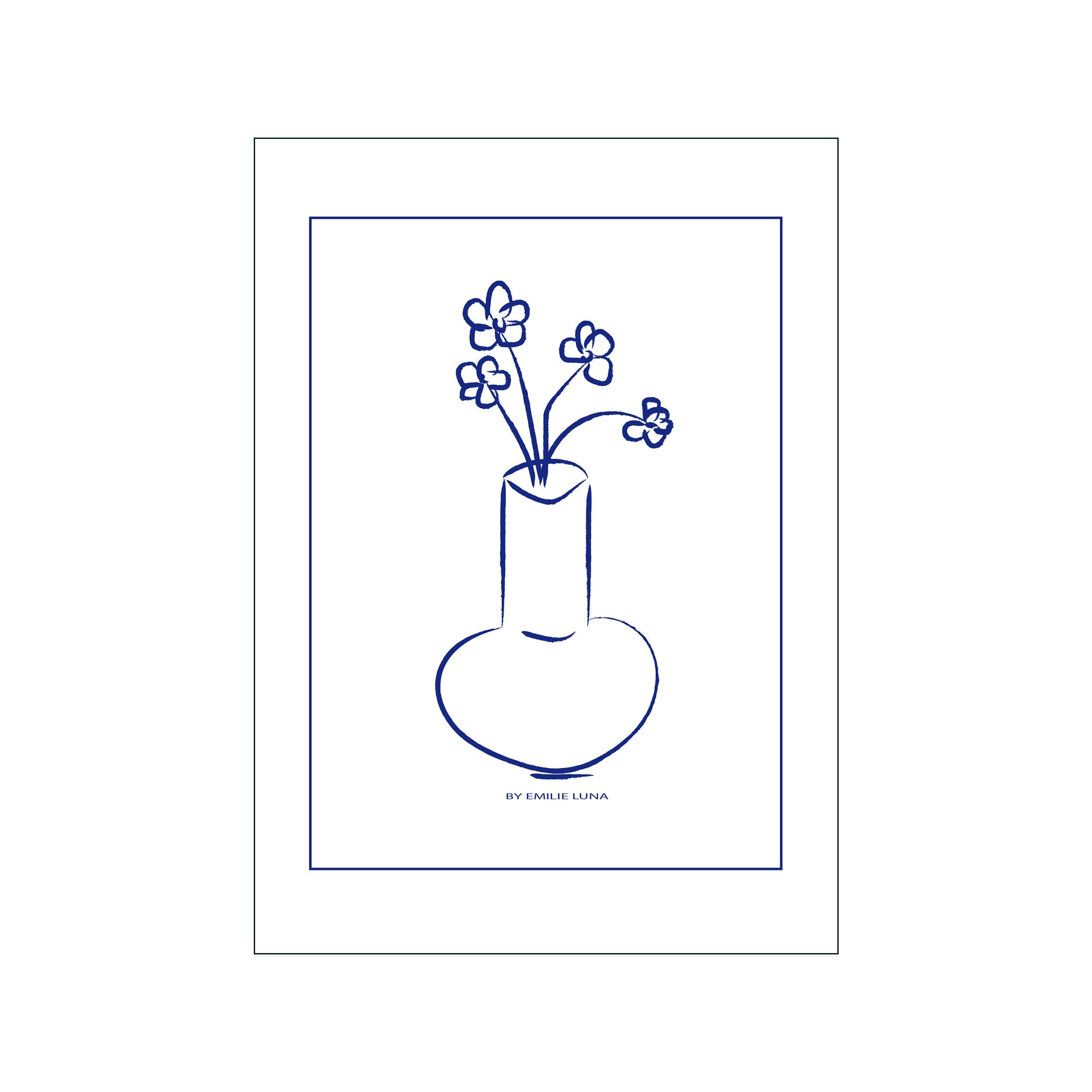 Minimal blue line drawing of flowers in a vase within a bordered white print