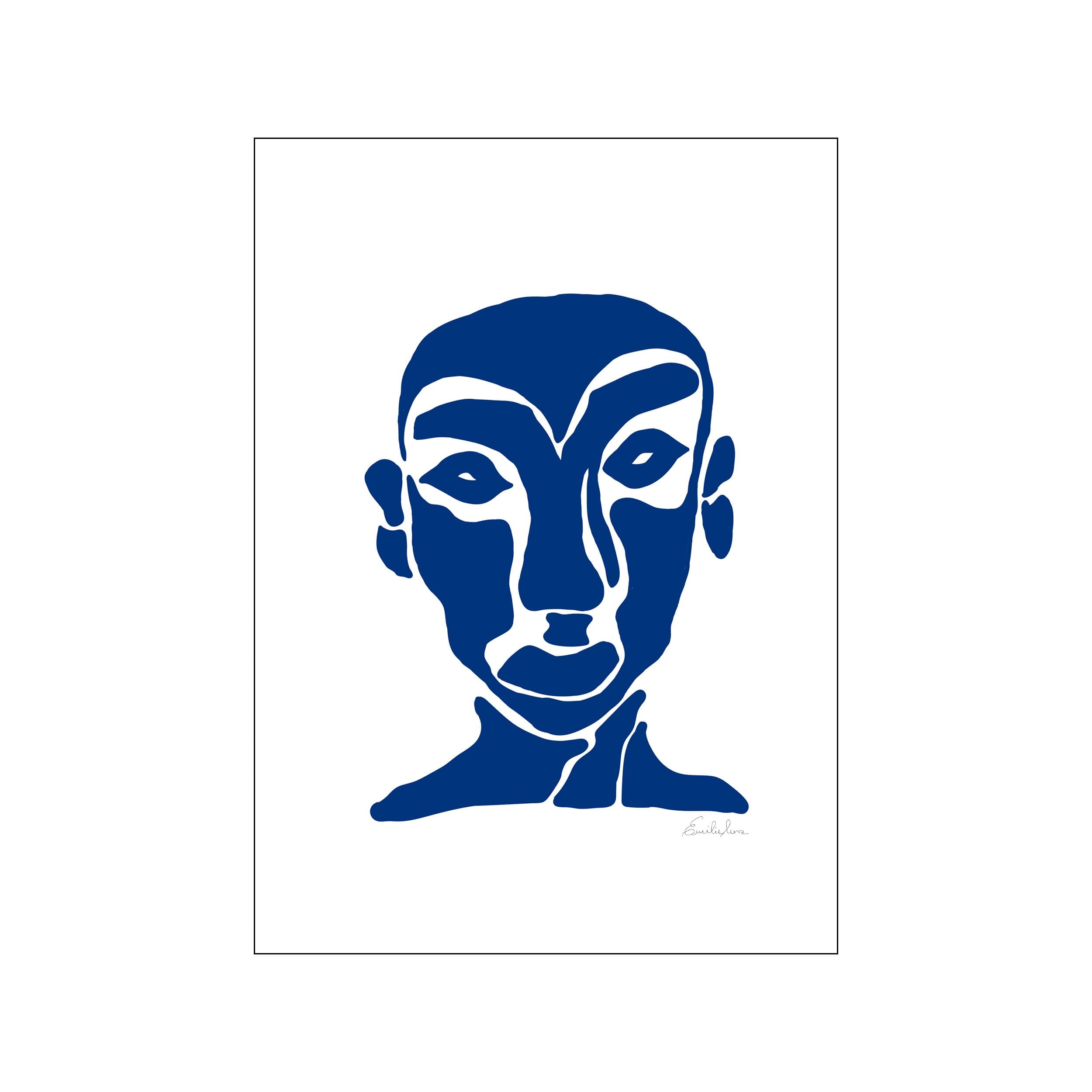 Minimal blue and white abstract face portrait with clean lines and white background