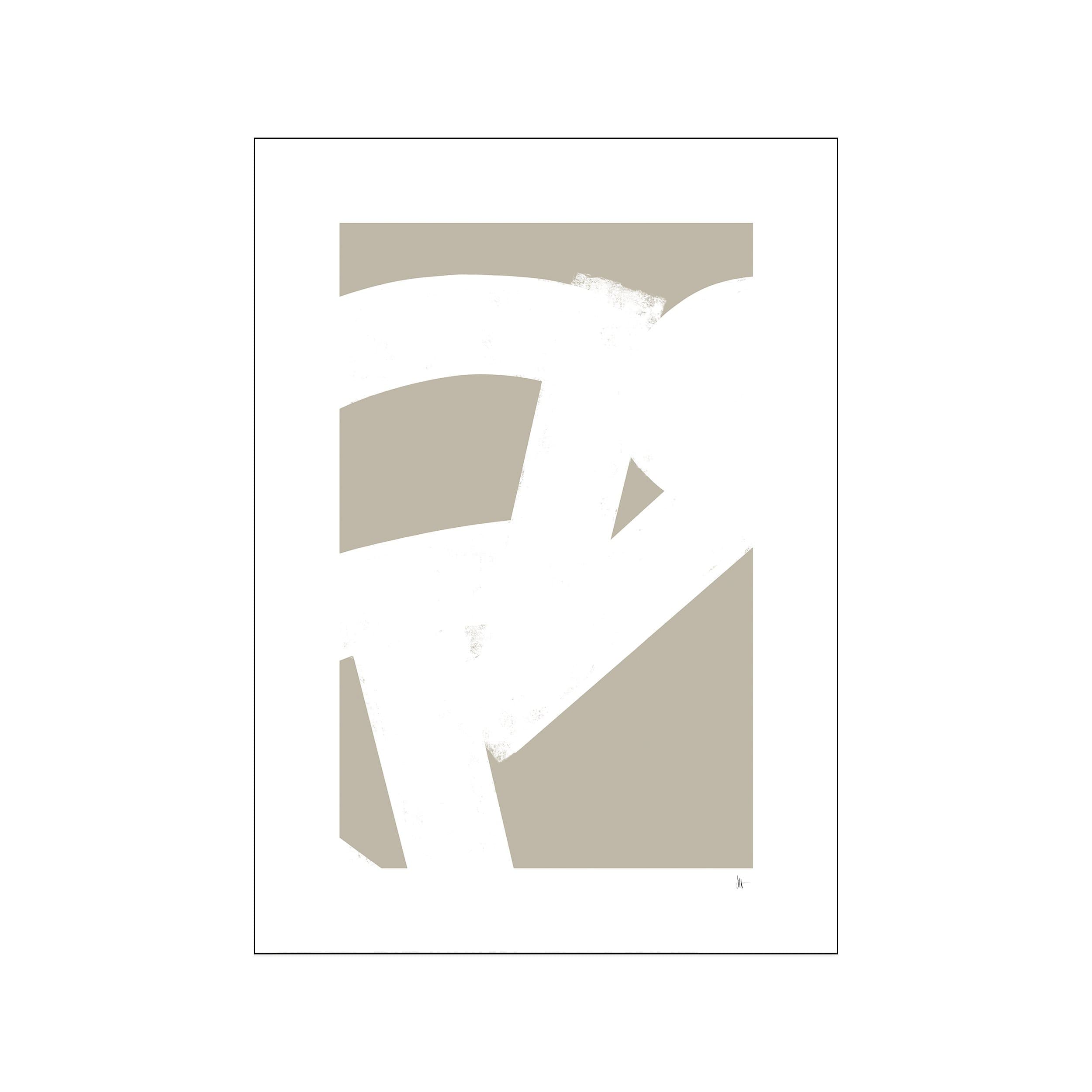 An abstract artwork featuring flowing curves and geometric shapes in a gentle palette of taupe and off-white, evoking a sense of calm contemplation and modern elegance.