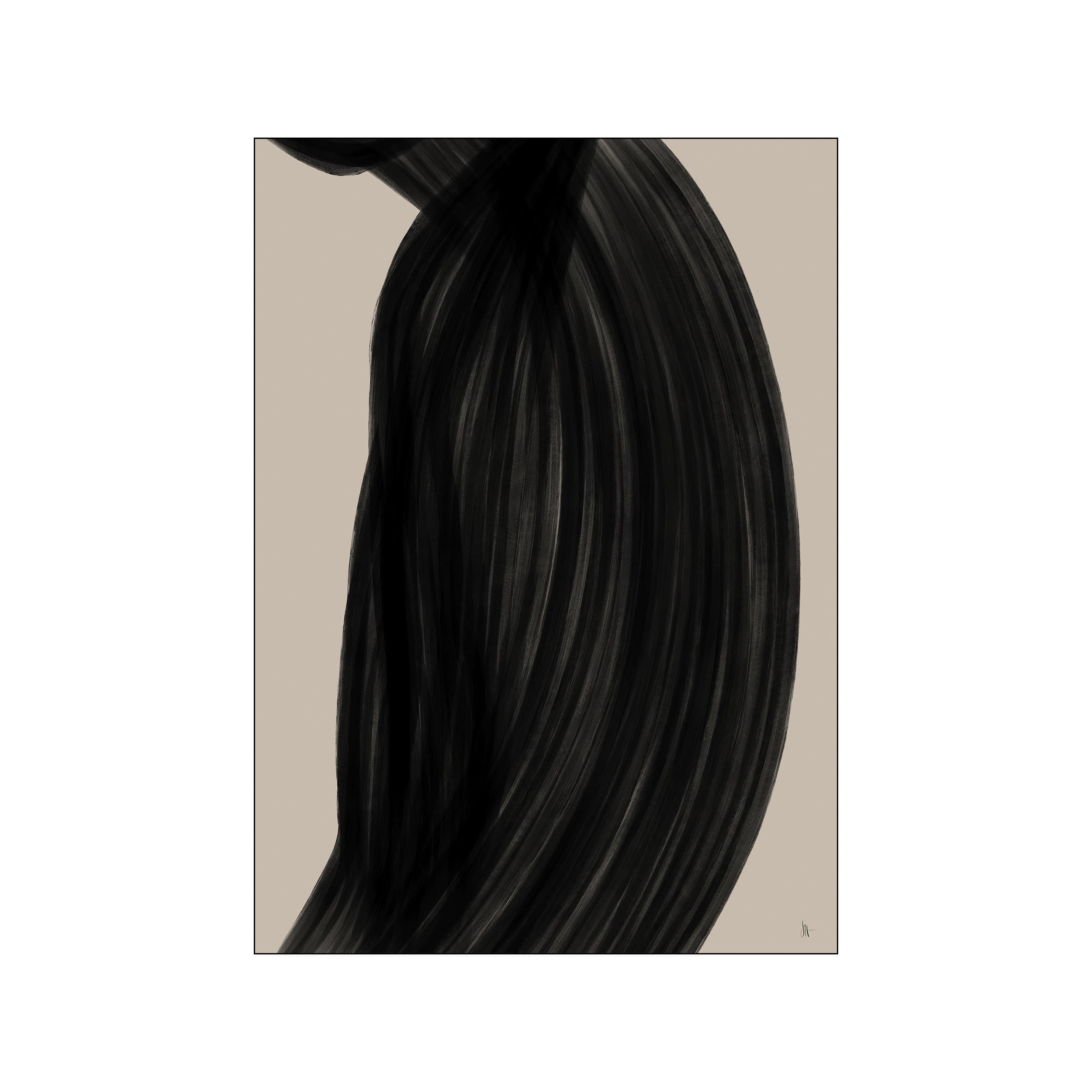 Abstract artwork featuring a vertical sweep of textured black brushstrokes against a soft beige background, suggesting a graceful, draped form or portrait.