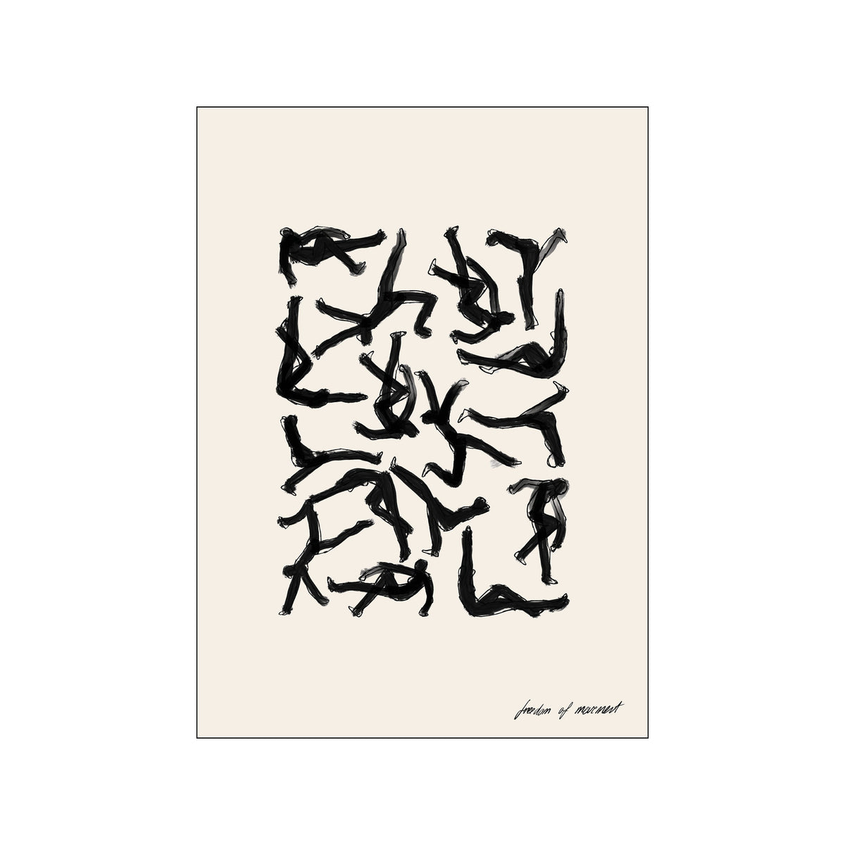 Abstract black line figures arranged in a rhythmic composition on an ivory background