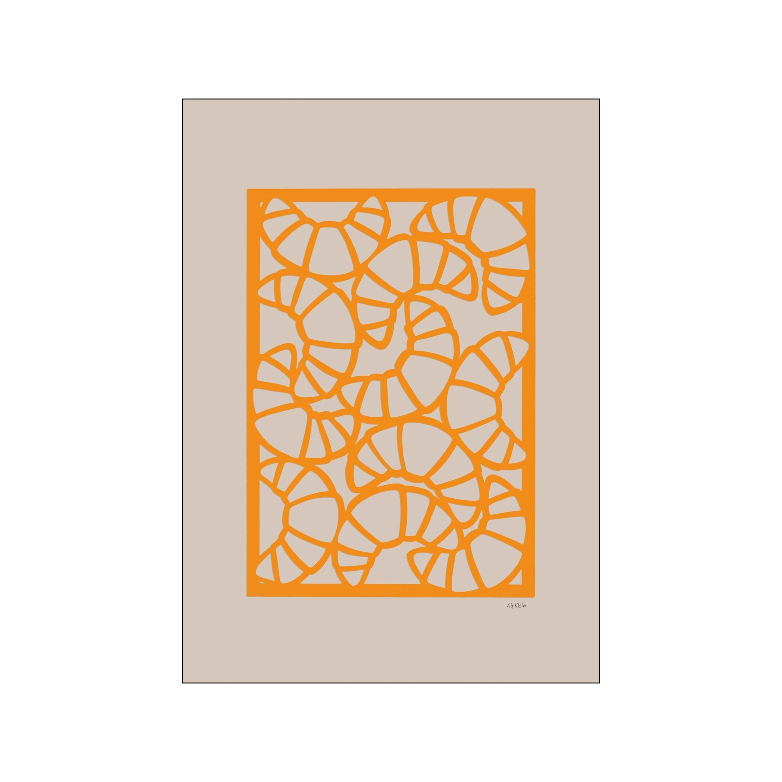 Orange geometric croissant pattern on a soft neutral background with a framed poster layout