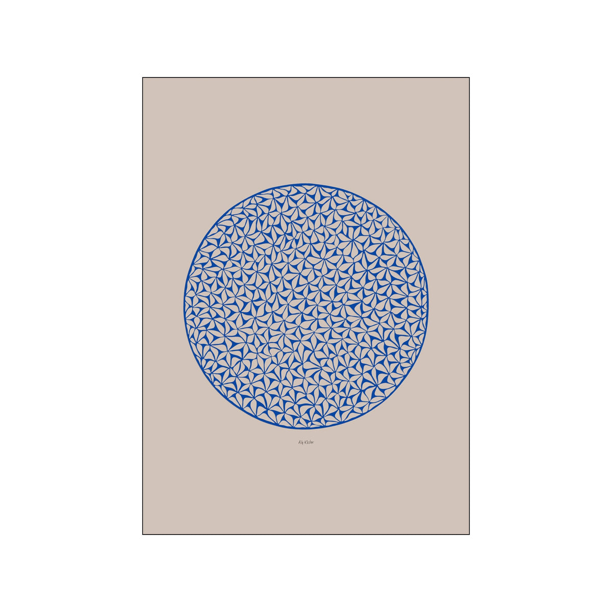 Blue geometric papercut circle filled with a repeating lattice on a beige background