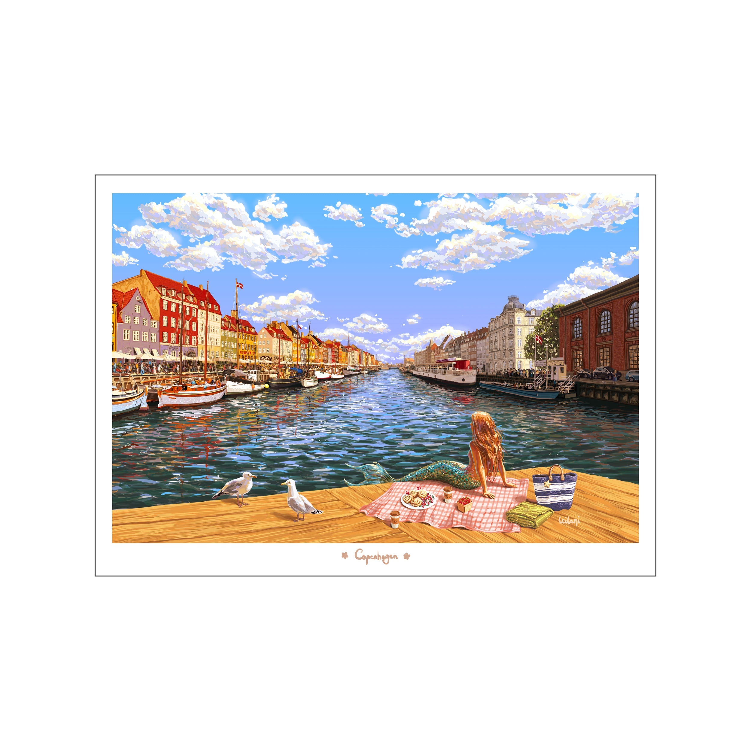 Colorful Nyhavn canal with boats, bright facades, and a mermaid on the dock