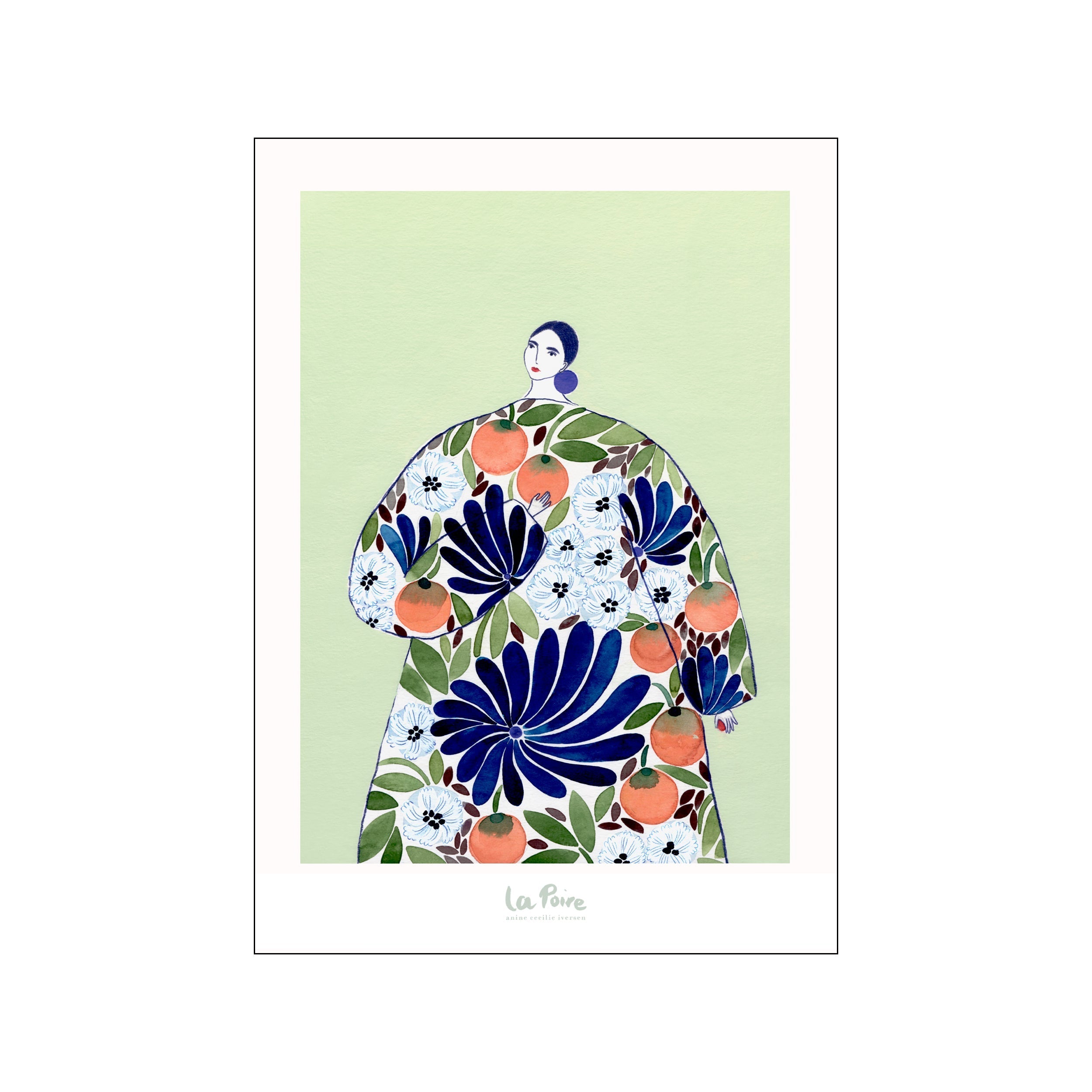A watercolor illustration of a figure wearing a large, oversized coat adorned with an abstract pattern of vibrant orange fruits, deep blue flowers, and green leaves, set against a pale green background.