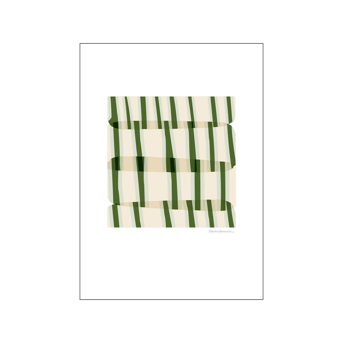 Abstract print with layered green vertical stripes and cream bands on a white background