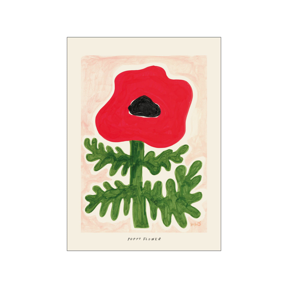 Stylized red poppy flower with green leaves on a pale blush background