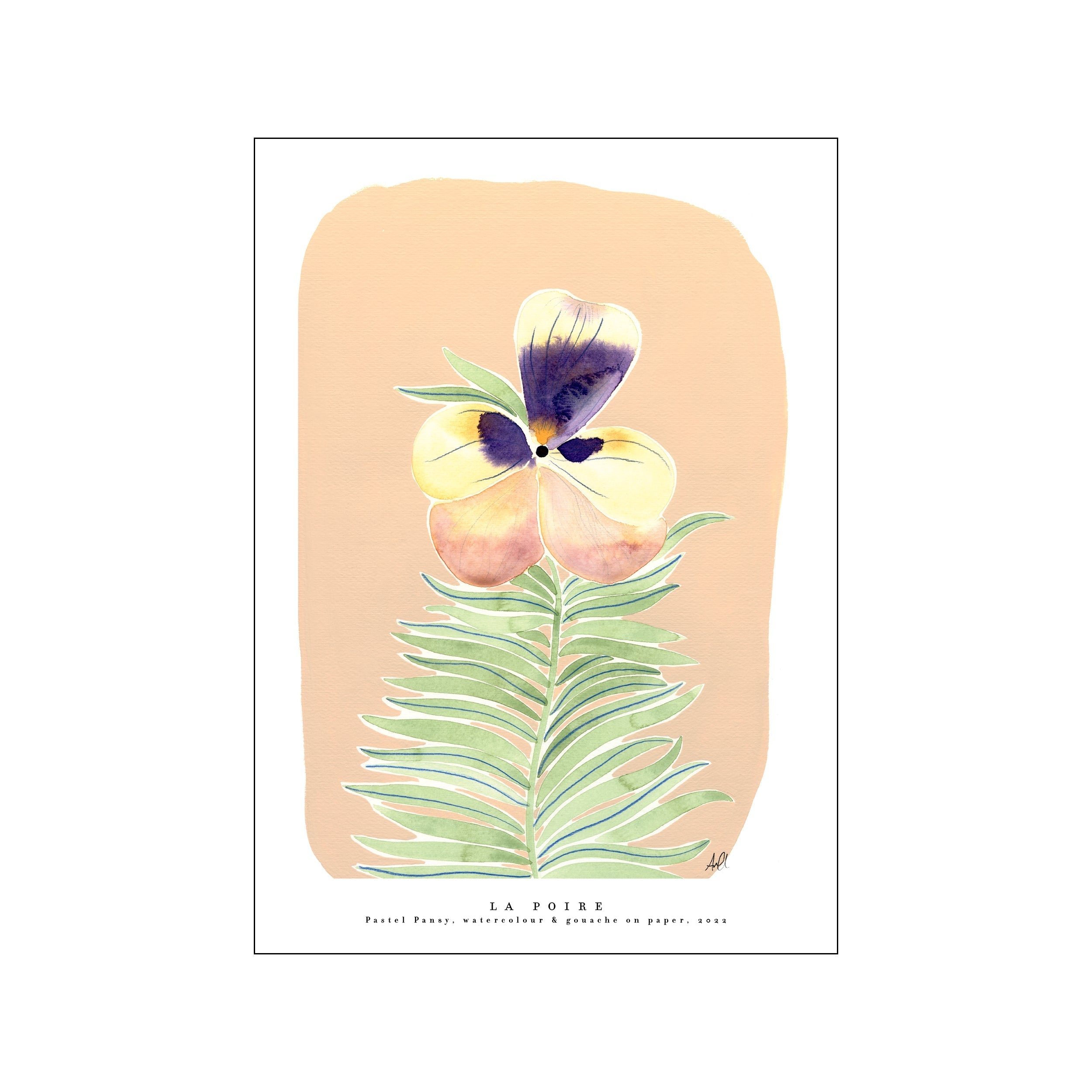 A watercolor and gouache painting of a single pansy in shades of lilac, yellow, and blush pink, resting above delicate green fern-like leaves against a soft peach background.