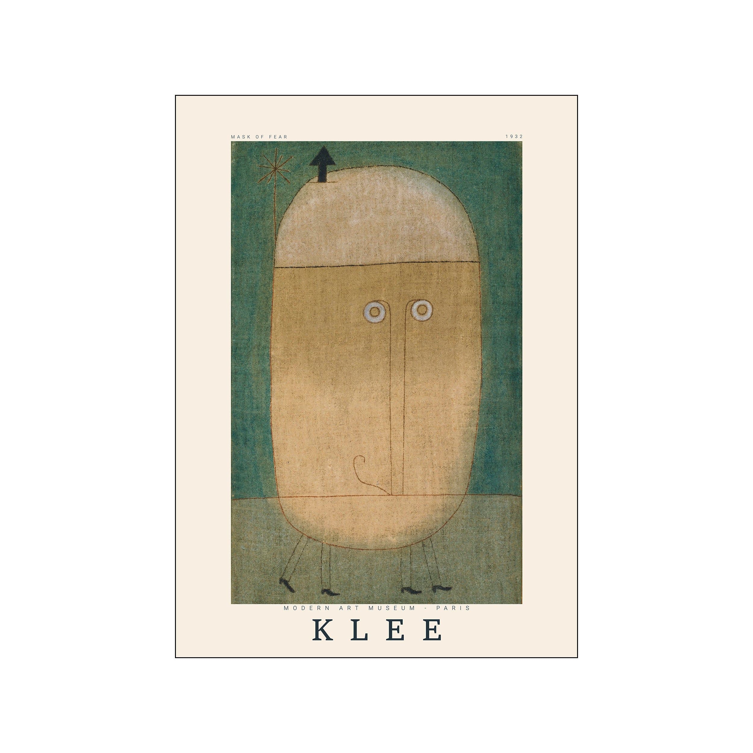 Paul Klee Mask of Fear poster with abstract beige face on muted green background
