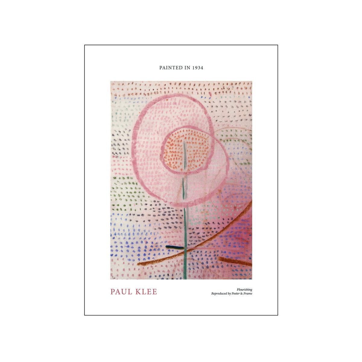 Paul Klee abstract floral print with a pink dotted bloom and pastel geometric field