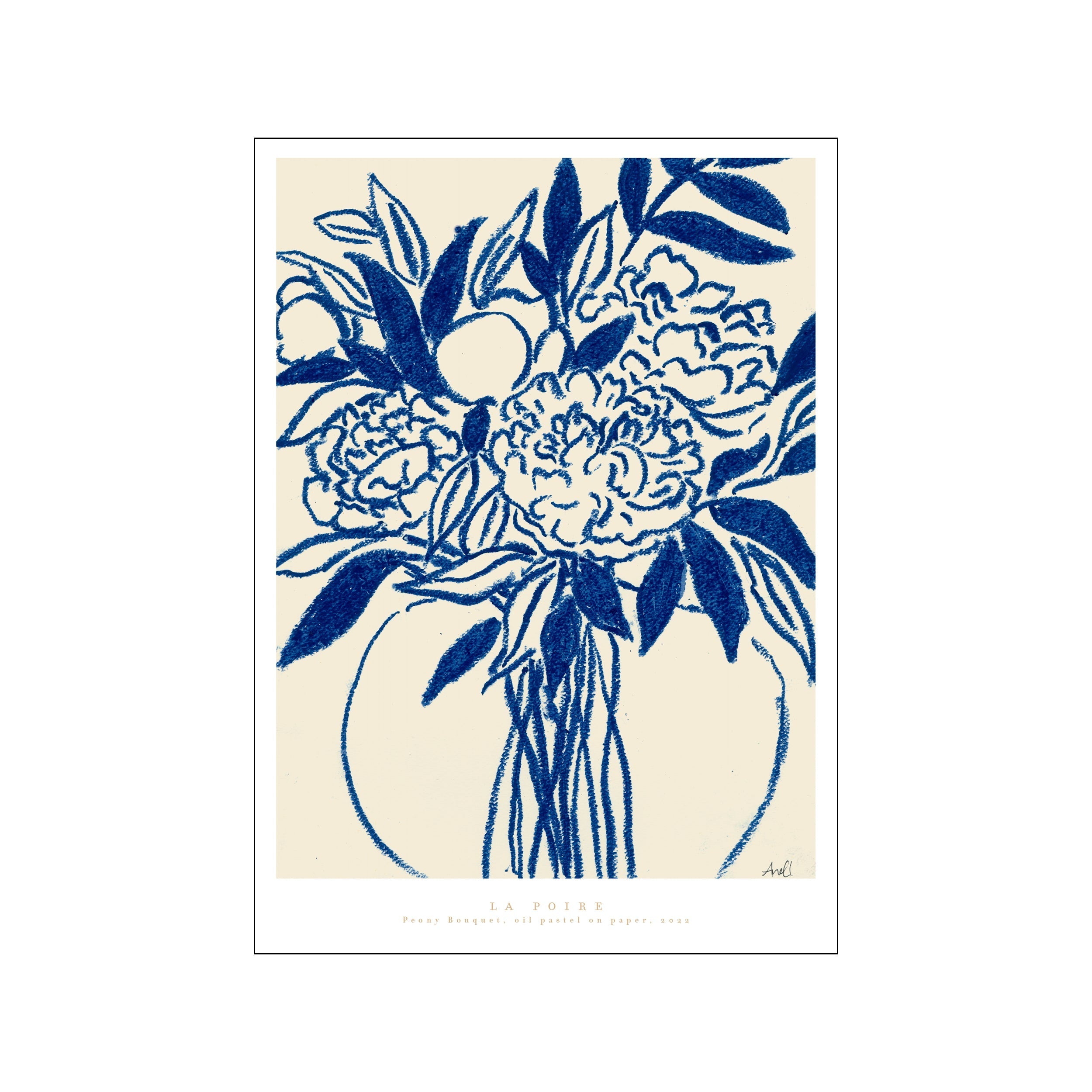 A vibrant oil pastel drawing of a generous bouquet of peonies in a vase, rendered in bold, expressive strokes of deep blue against a soft cream background.