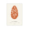 A bold, abstract rendering of a pine cone in warm, burnt orange watercolor strokes against a cream background, with the artist's name and location subtly placed below.