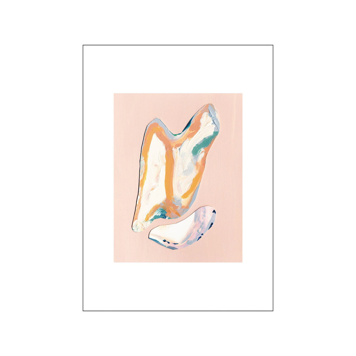 Abstract seashell form in blush pink, cream, peach, and blue on a soft pastel background