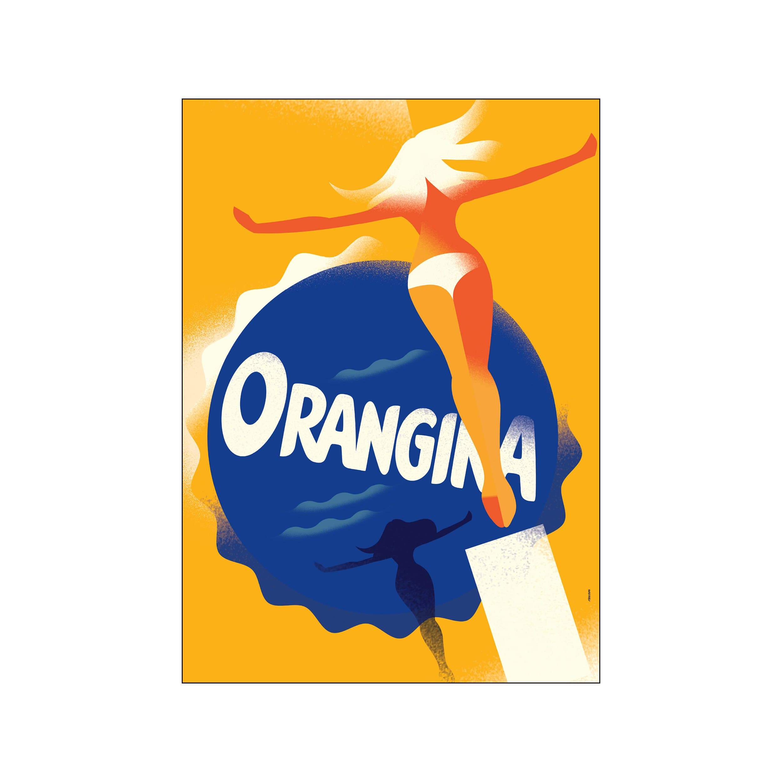 Stylized woman in a swimsuit over a cobalt blue circle on a bright orange background
