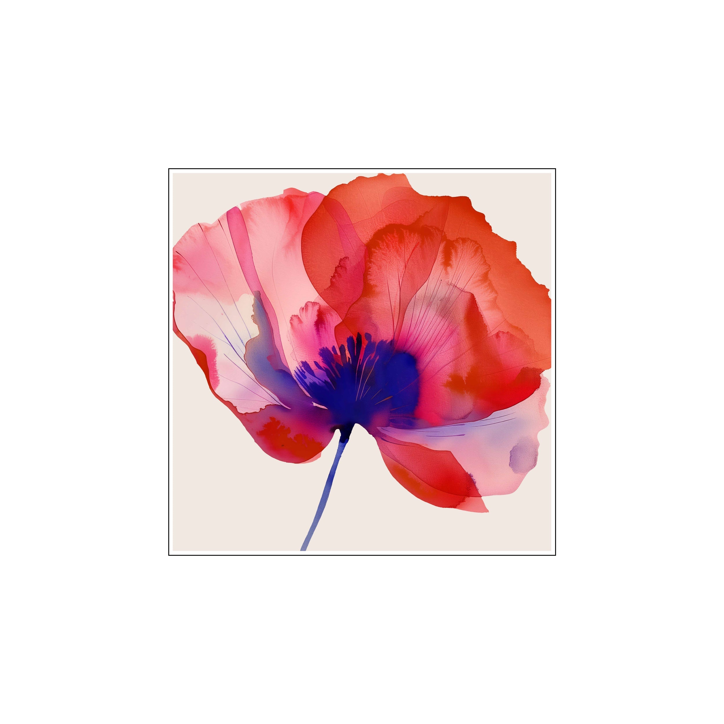 An abstract watercolor painting of a single poppy bloom, featuring vibrant coral and pink petals with a striking deep blue center and stem, set against a neutral background.