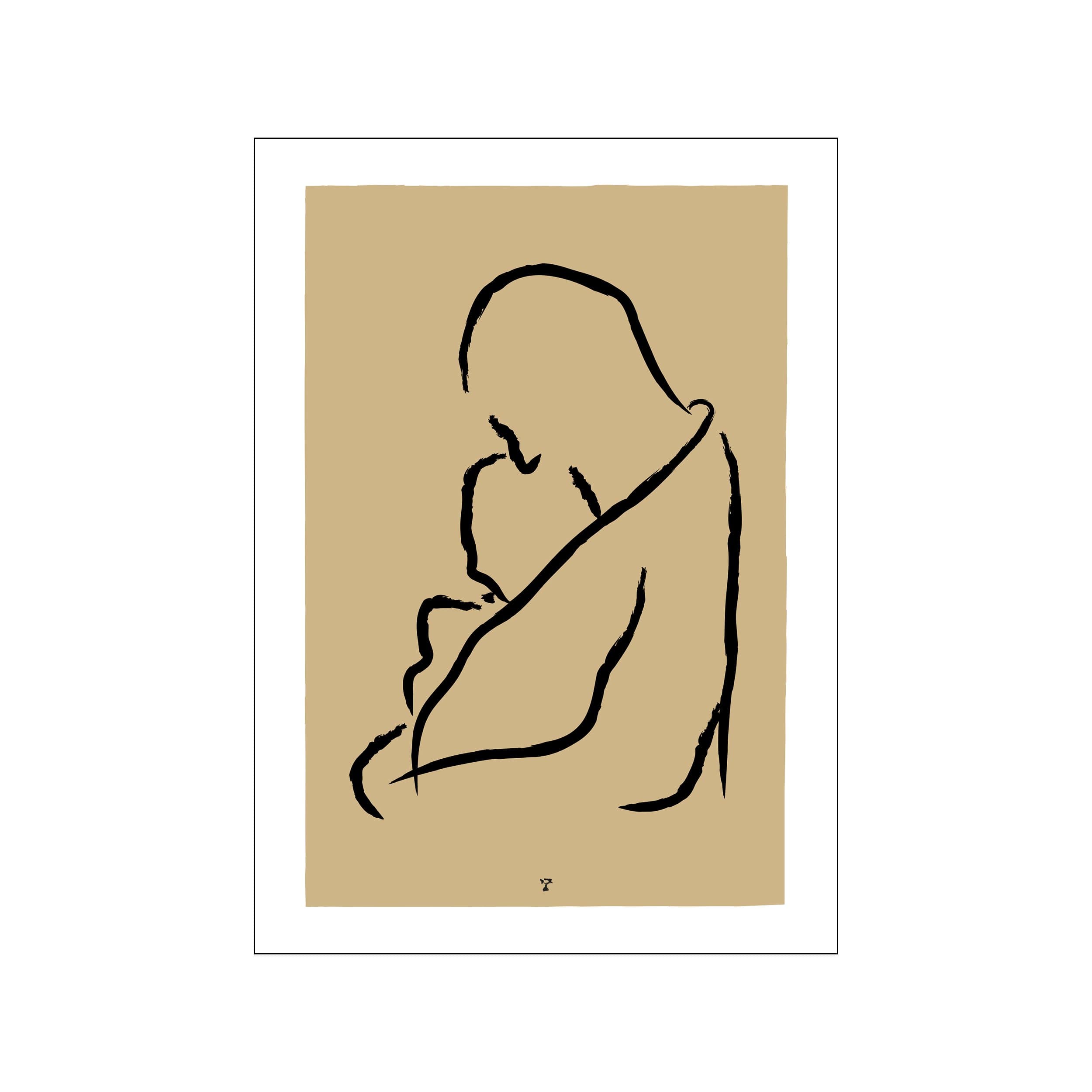 Minimal black line drawing of an embracing couple on a warm beige background