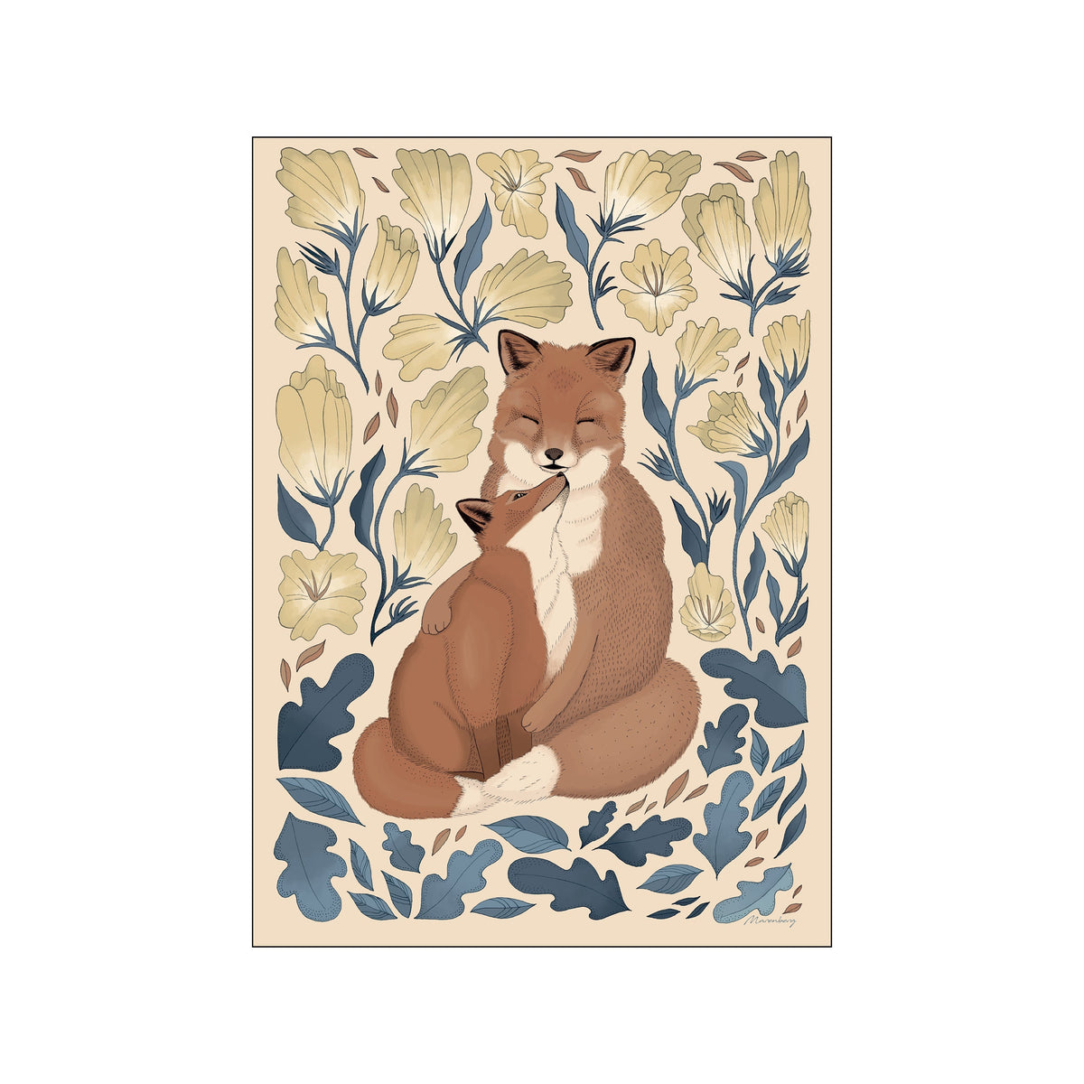 A tender portrait of two foxes nestled together, surrounded by stylized yellow flowers and deep blue leaves, rendered in a whimsical, illustrative style with a warm, neutral background.