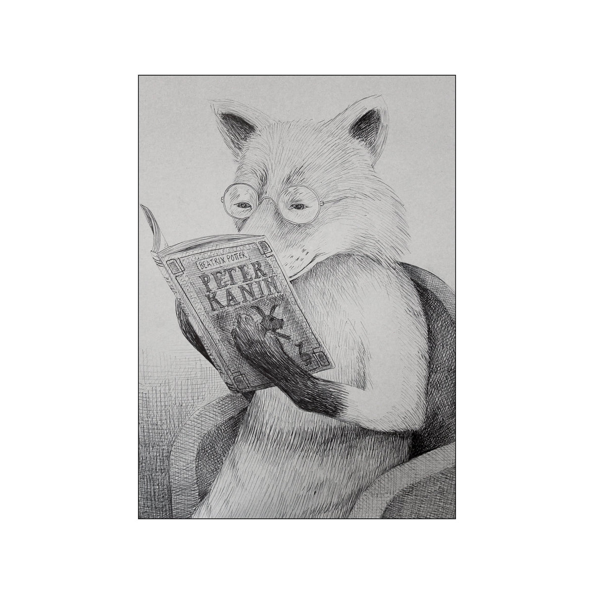 A black and white sketch of a fox wearing glasses and reading a book titled 'Peter Rabbit'. The drawing has a delicate, hand-drawn feel, perfect for adding whimsical charm.