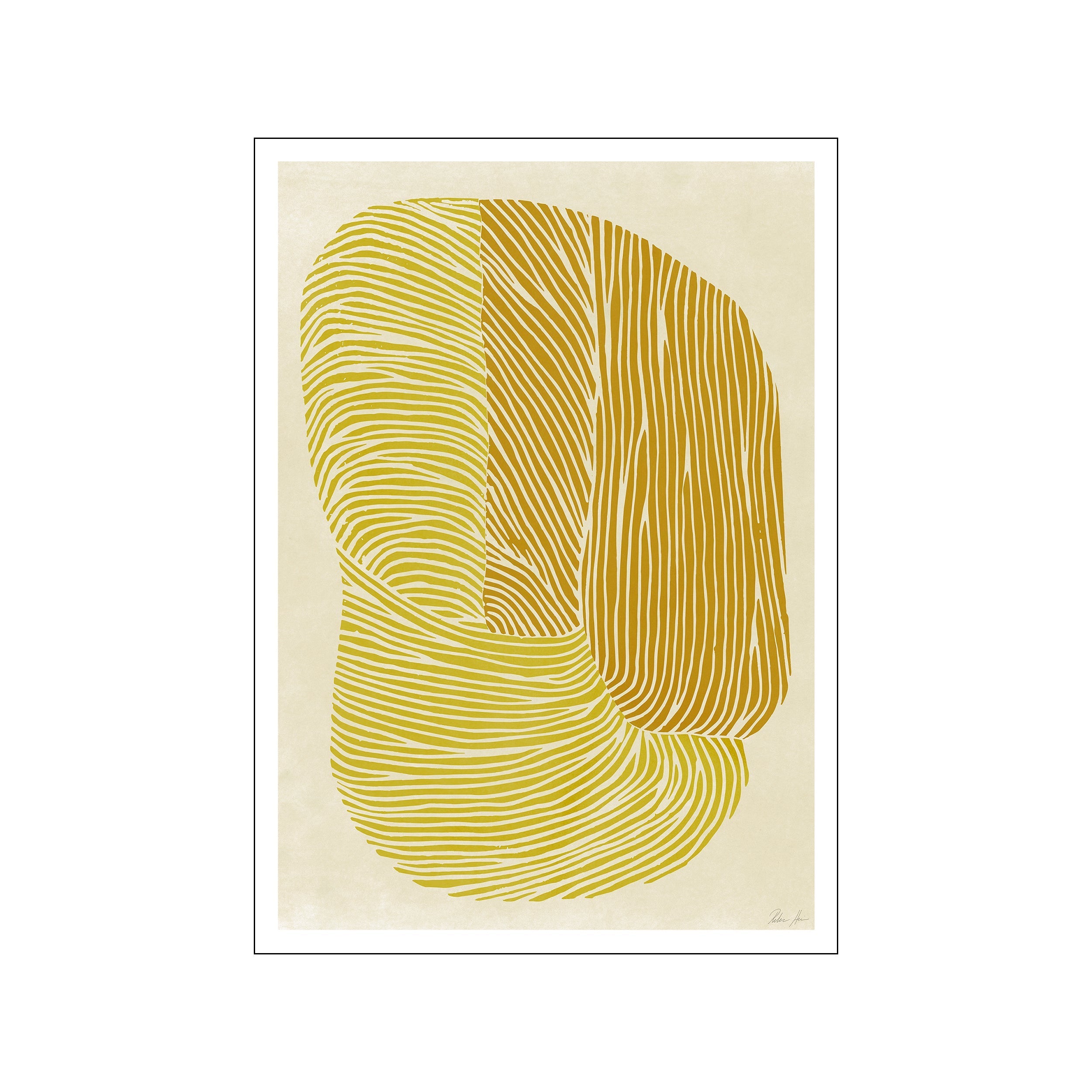 Abstract artwork featuring flowing, organic lines in shades of bright yellow and golden ochre against a creamy, textured background, reminiscent of underwater coral formations.