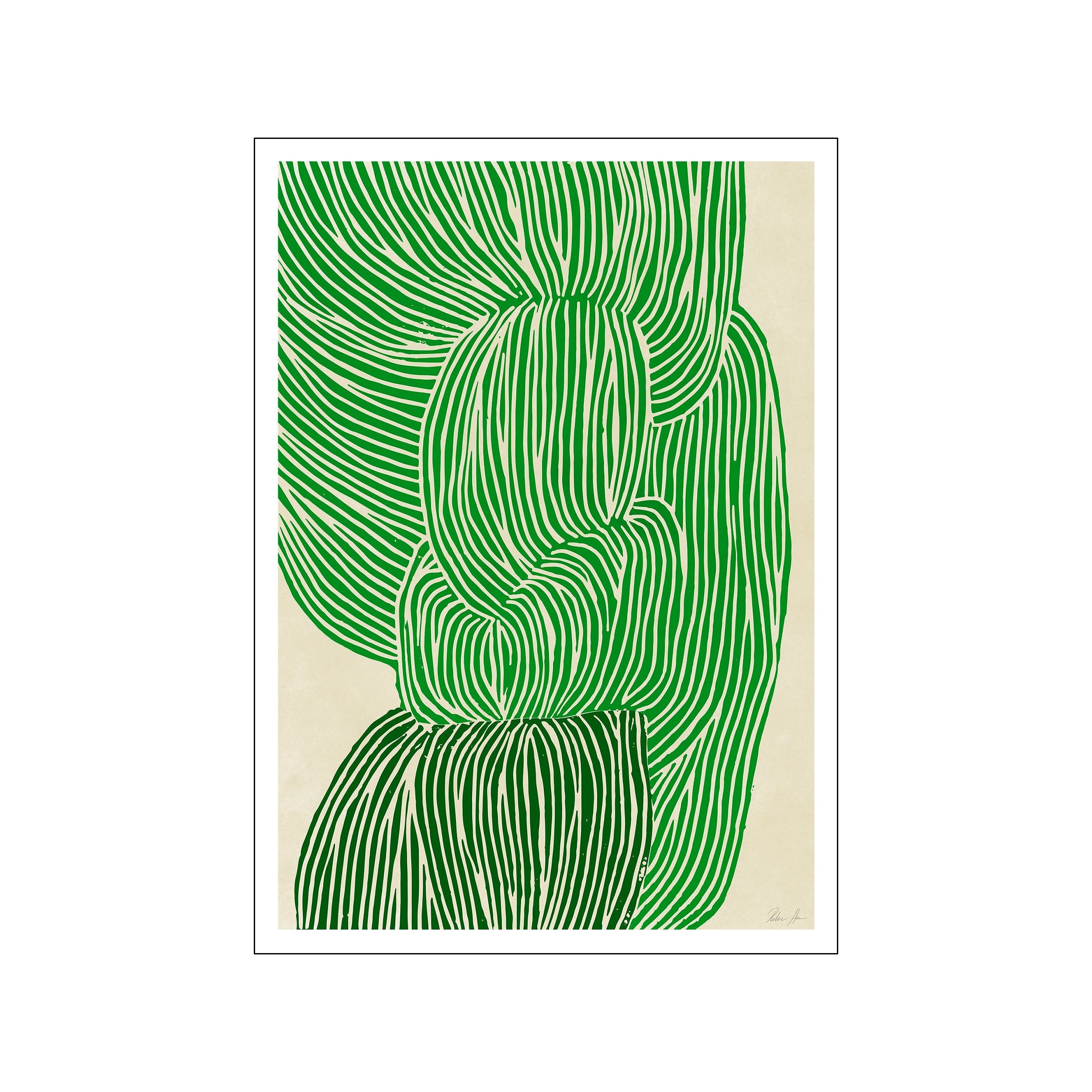 Abstract artwork featuring swirling, organic lines in a vibrant emerald green against a muted cream background, suggesting natural forms like waves or leaves.
