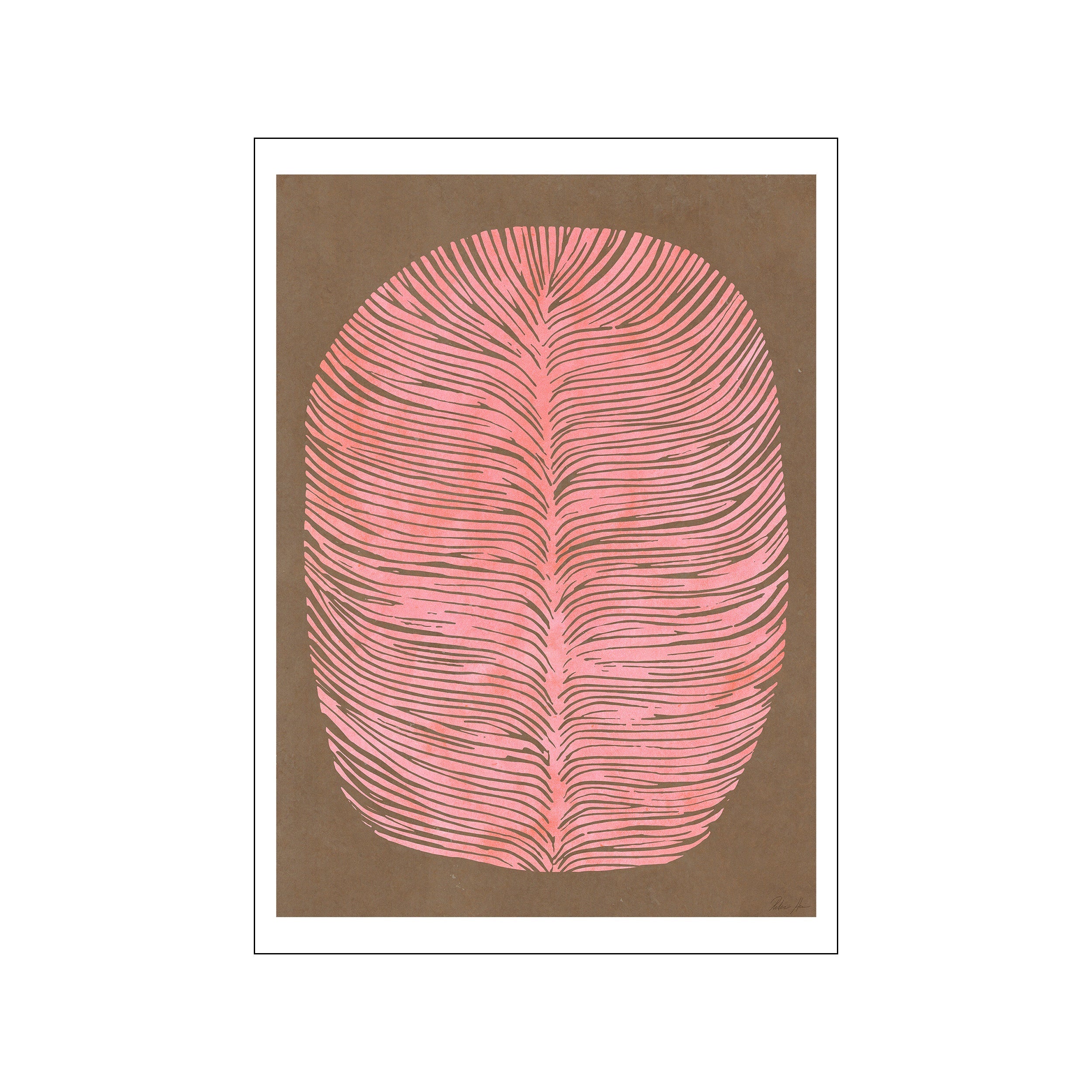 Abstract artwork featuring soft, wavy lines of warm pink radiating from a central stem against a muted brown background, evoking a tranquil lagoon.