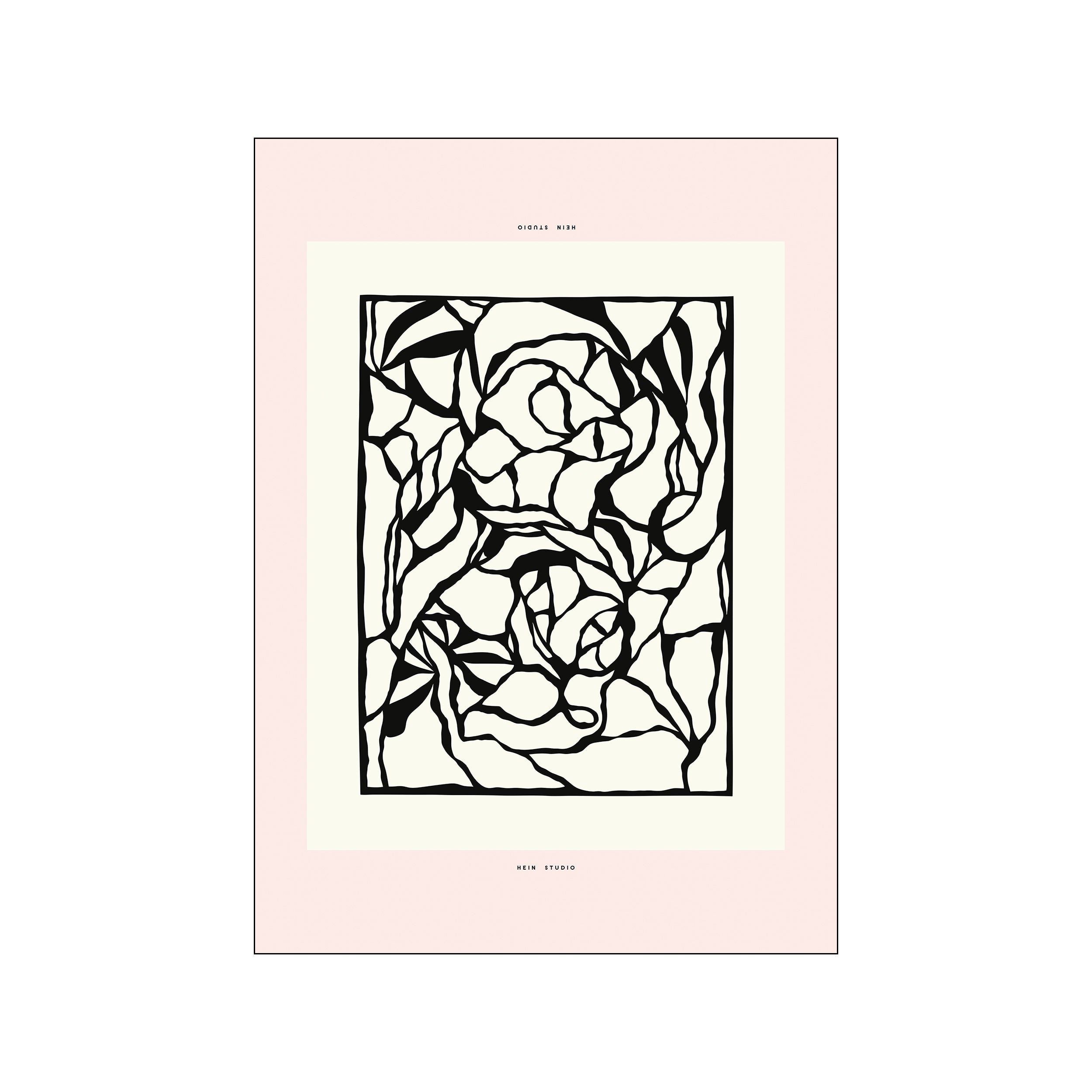 A black and white abstract line drawing of interwoven floral shapes resembling a rose, set against a pale cream background with a soft pink border, by Rebecca Hein.