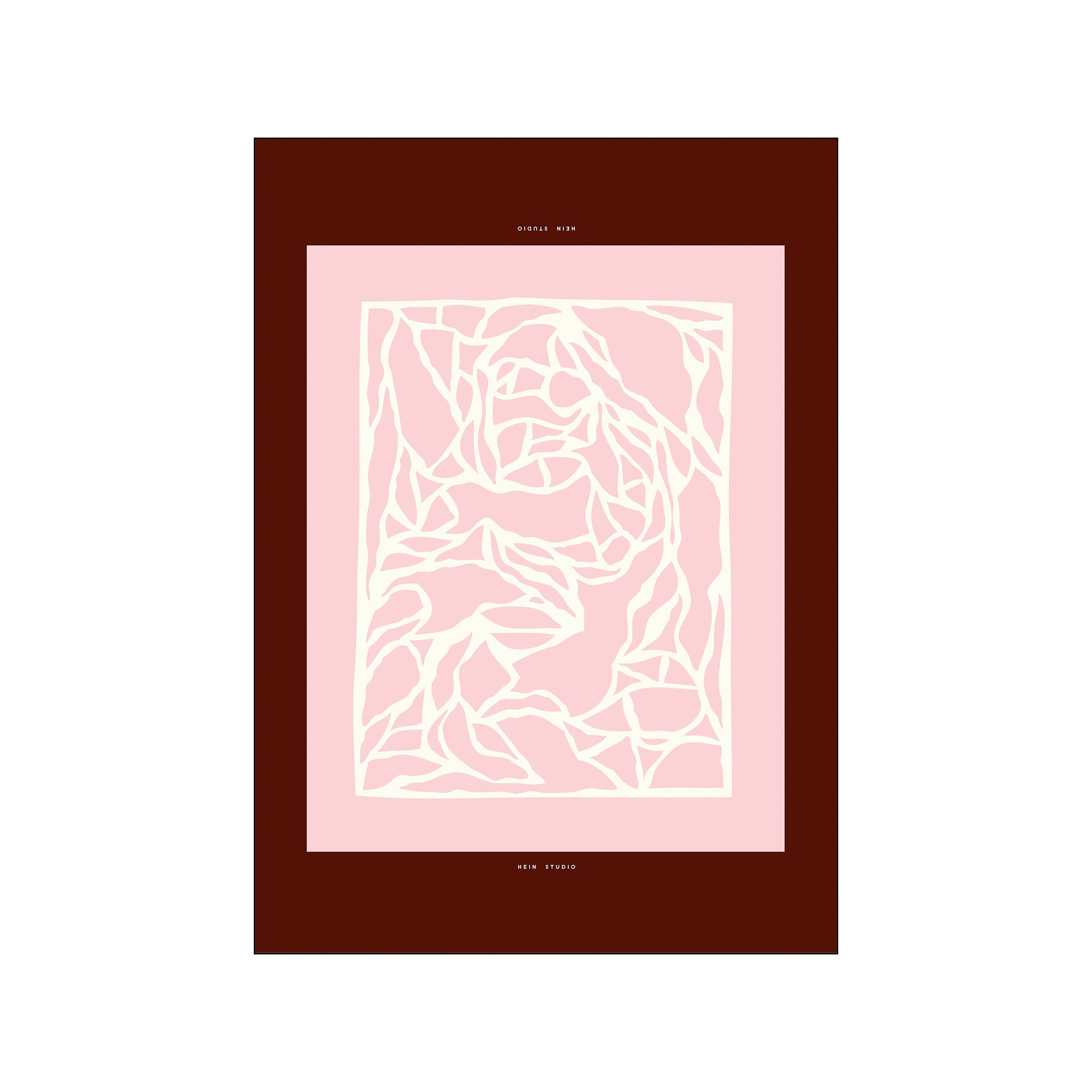 An abstract, stylized rose in soft blush and cream, with delicate linework against a muted pink background and a deep burgundy border. Evokes a feeling of gentle introspection and serene beauty.