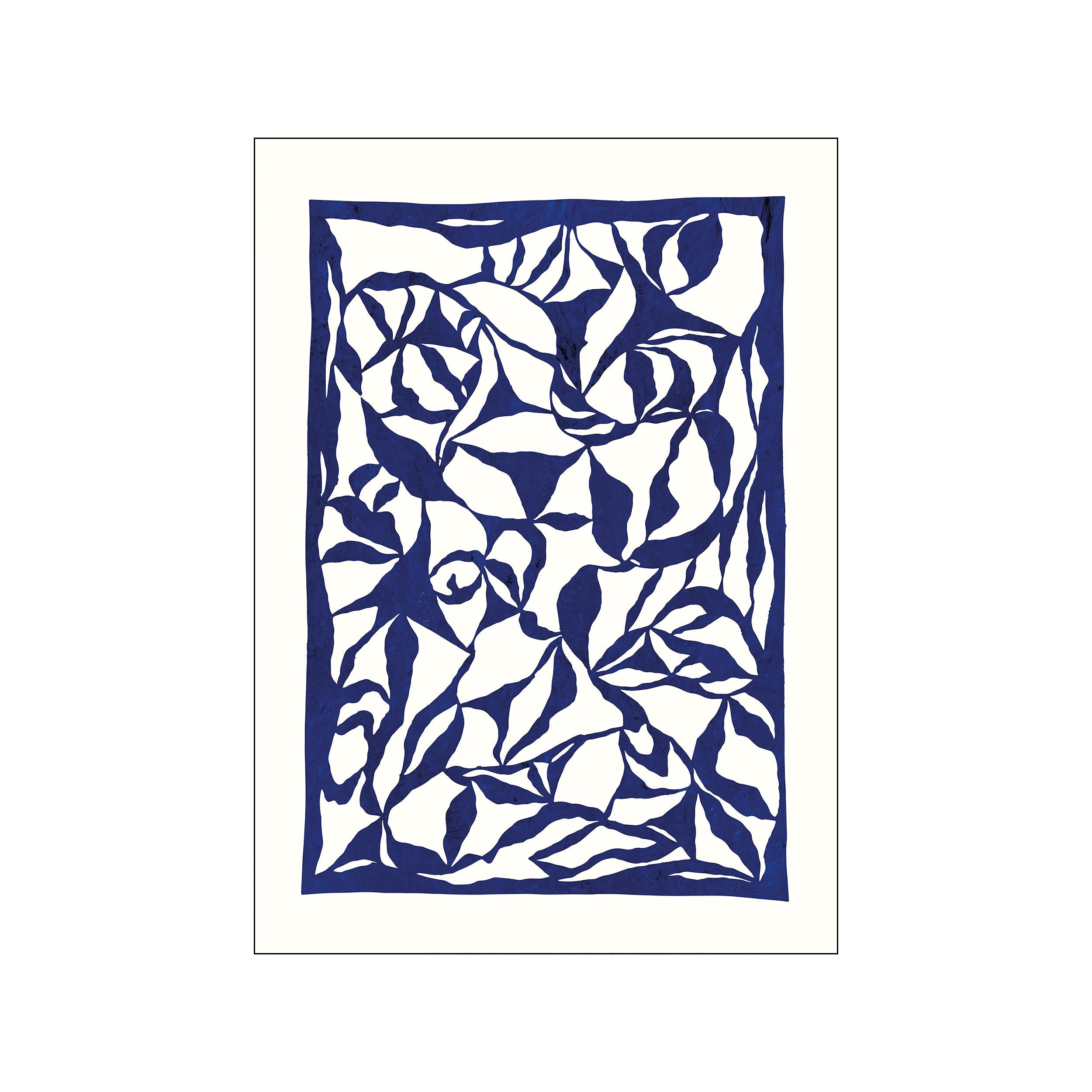 An abstract depiction of magnolia petals in deep indigo blue against a creamy white background, with a graceful, flowing organic pattern perfect for adding a touch of sophisticated, bohemian charm to any space.