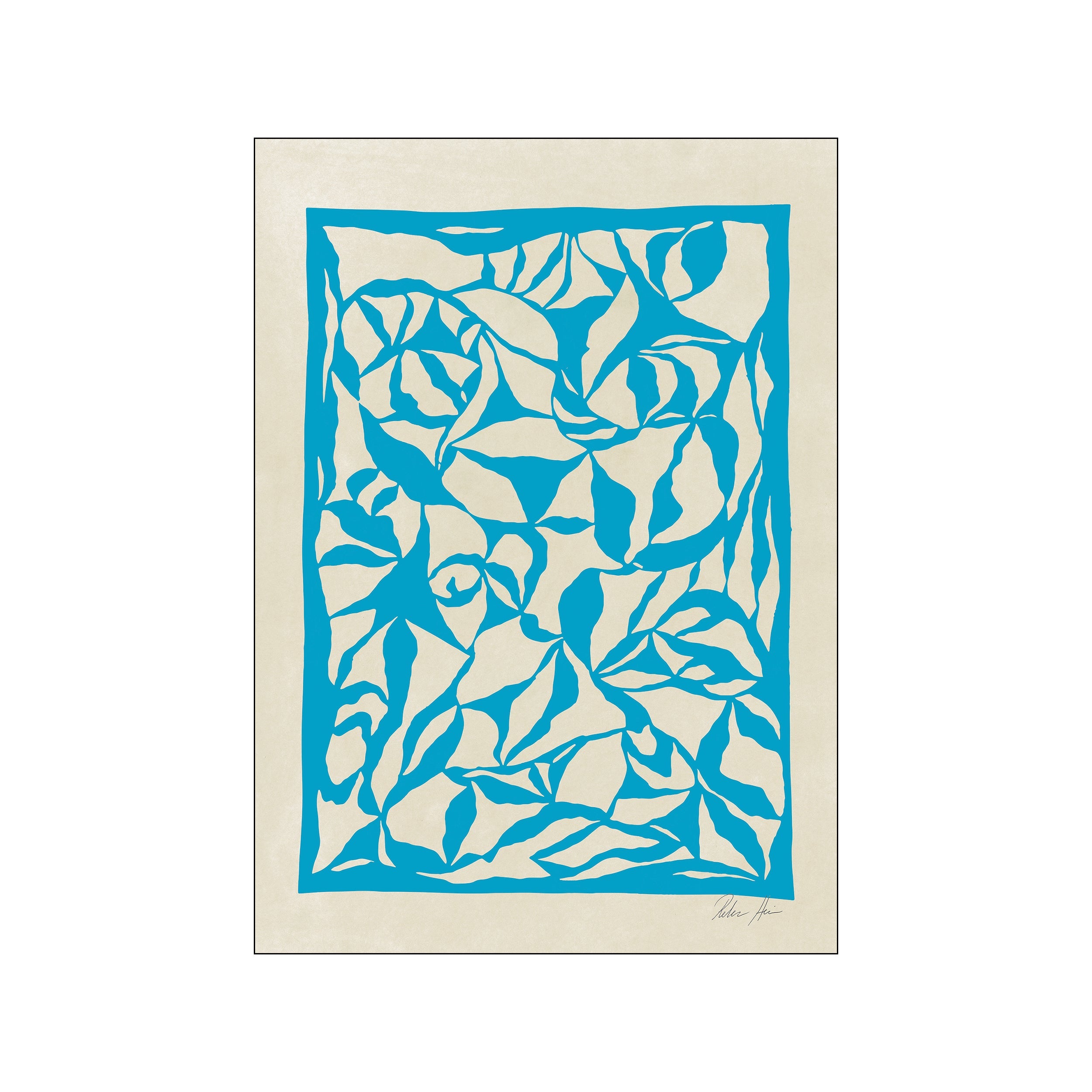 An abstract composition featuring interlocking, organic shapes in a vibrant blue against a soft, textured cream background, evoking a sense of natural movement and modern elegance.