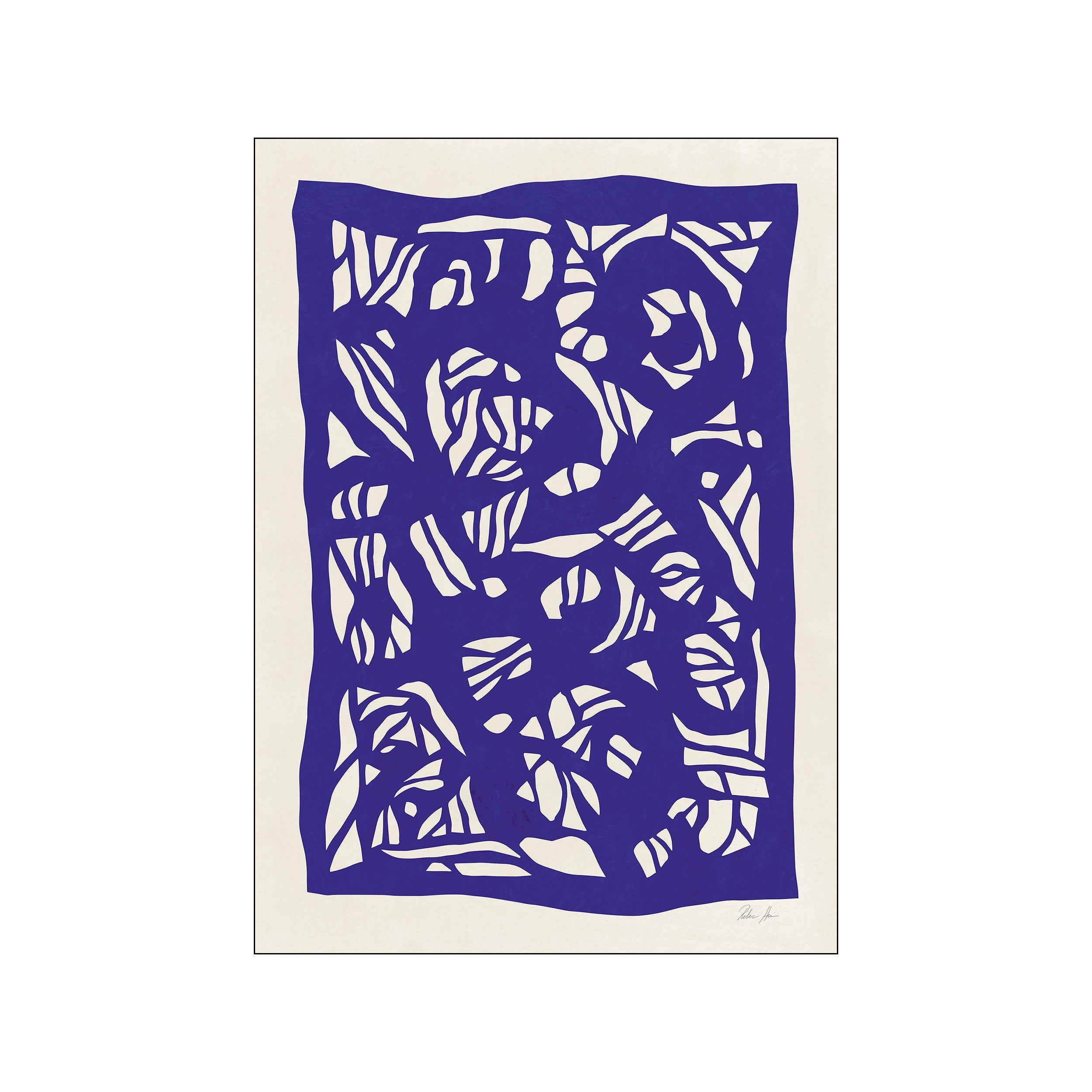 An abstract graphic artwork featuring organic, flowing shapes in a deep royal blue against a textured cream background, evoking a sense of movement and modern artistry.
