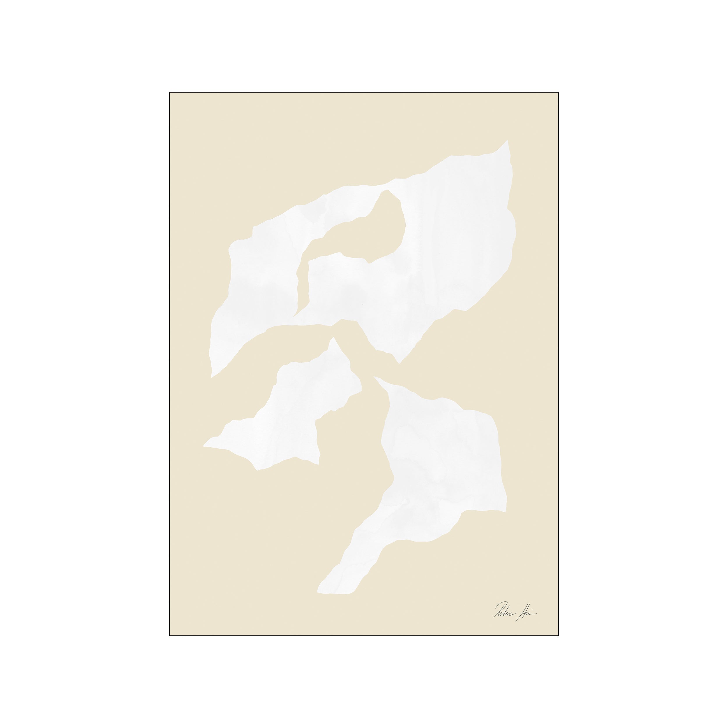 Abstract composition of organic white shapes layered on a soft, creamy beige background, evoking a sense of gentle shadow play and calm.