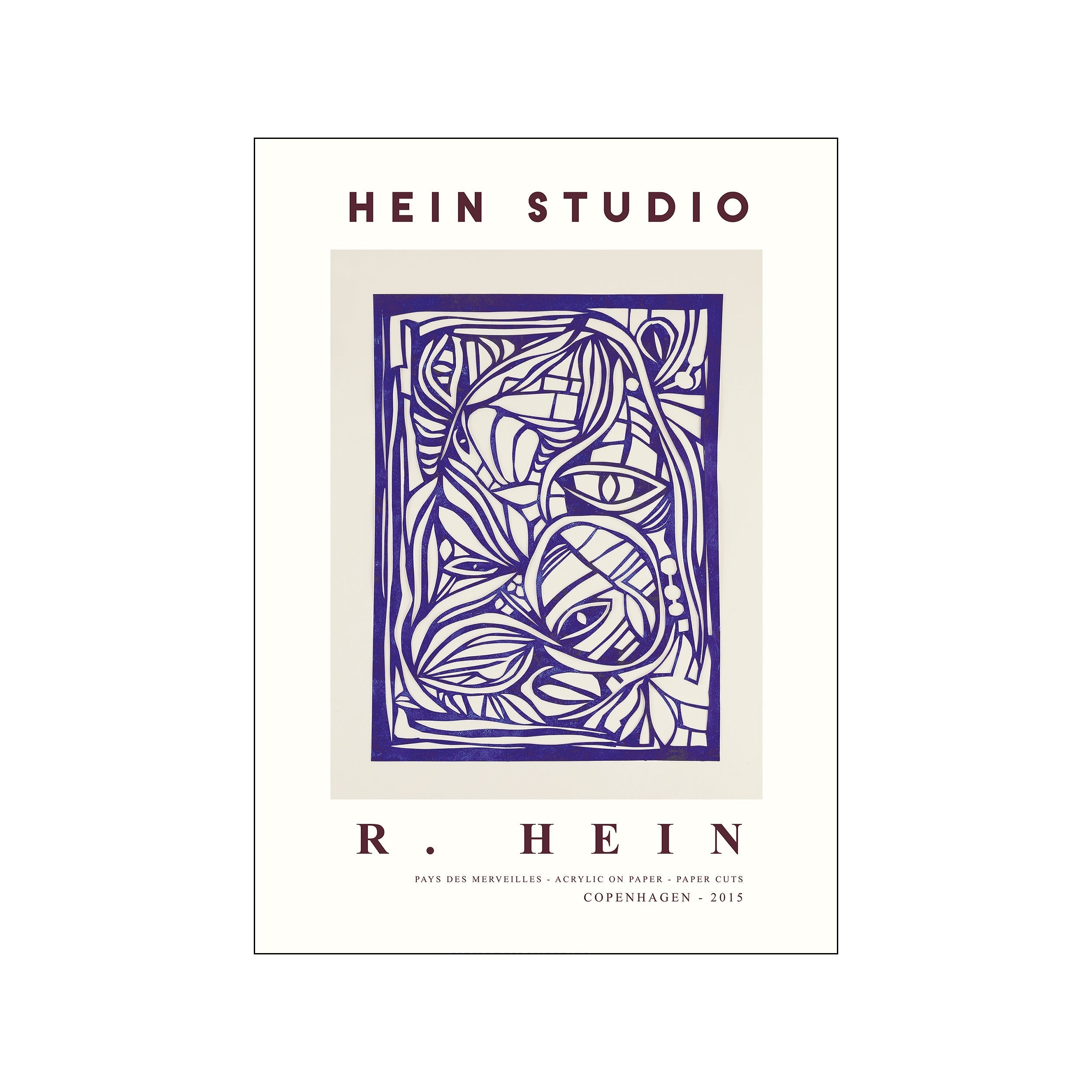 An abstract artwork titled "Wonderland no. 02" by Rebecca Hein, featuring flowing, organic shapes in deep indigo ink on a creamy white background, reminiscent of a stylized portrait or natural forms.