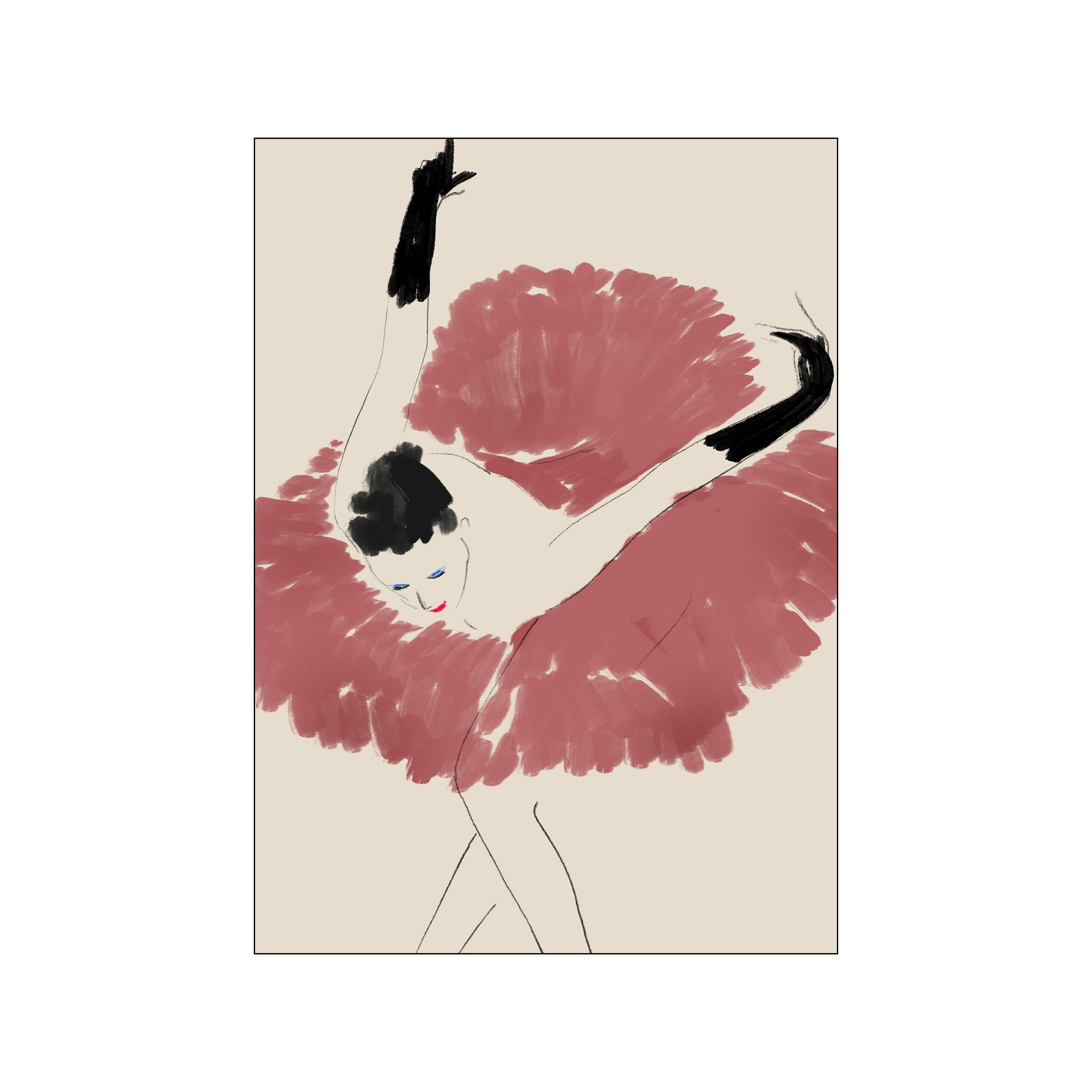 A stylized illustration of a ballet dancer mid-pose, wearing a voluminous red tutu and black gloves, with minimalist lines on a soft beige background.