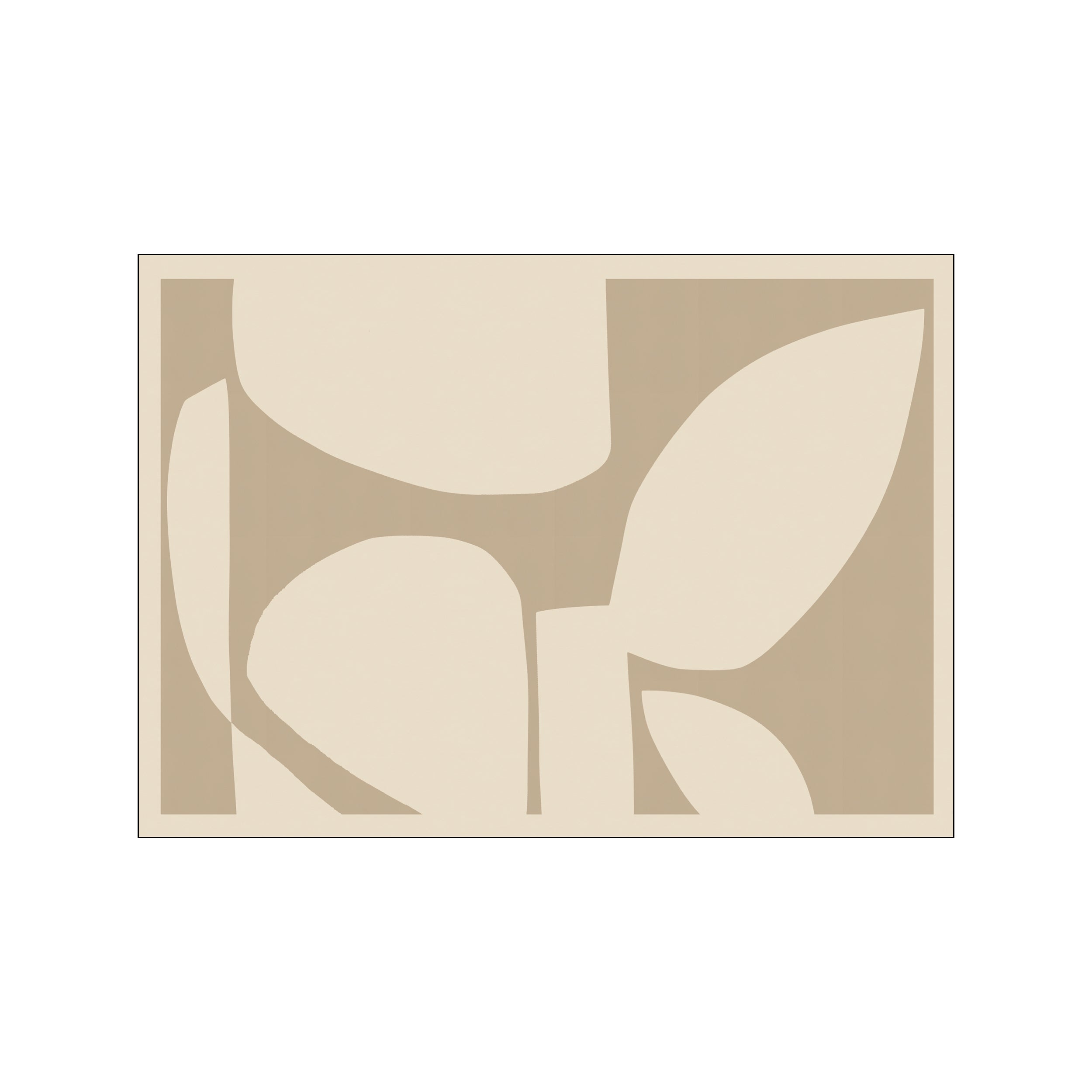 An abstract artwork featuring organic, flowing shapes in muted beige and brown tones, creating a serene and earthy visual on a neutral background.