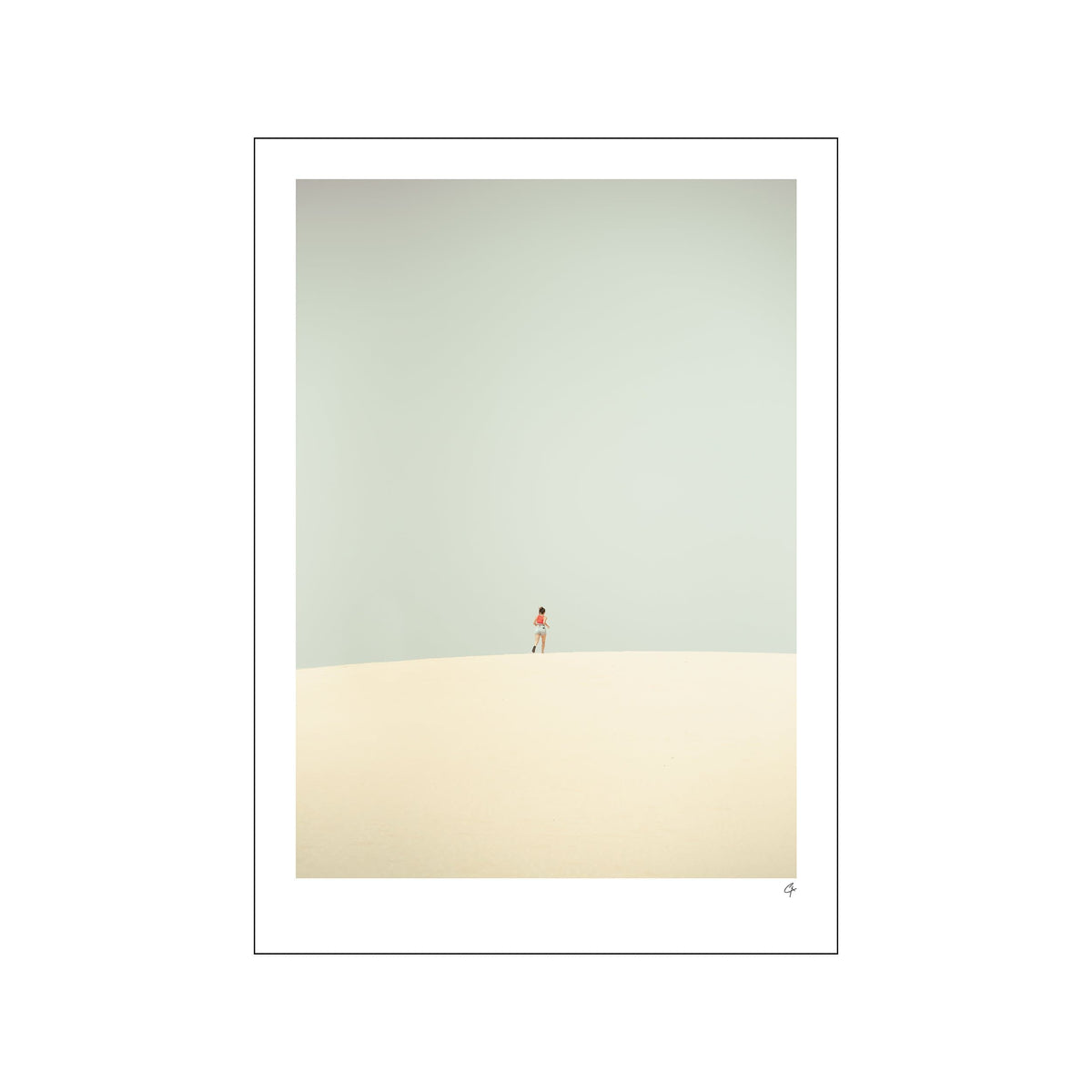 Solitary runner crossing a pale sand landscape beneath a soft pastel sky