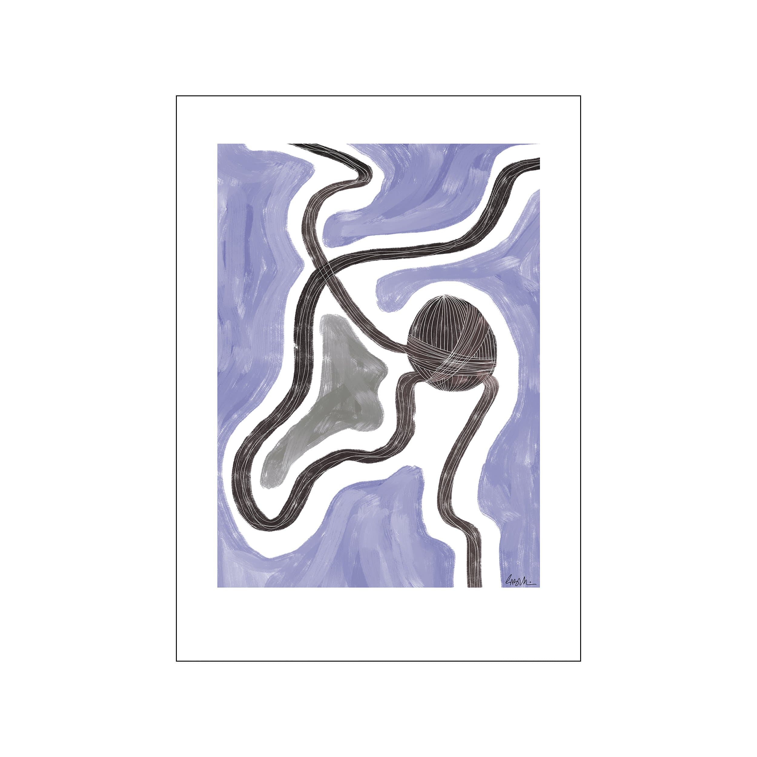 Abstract composition with flowing dark lines and a textured ball of yarn against a backdrop of soft purple and grey washes, creating a serene and artistic visual.